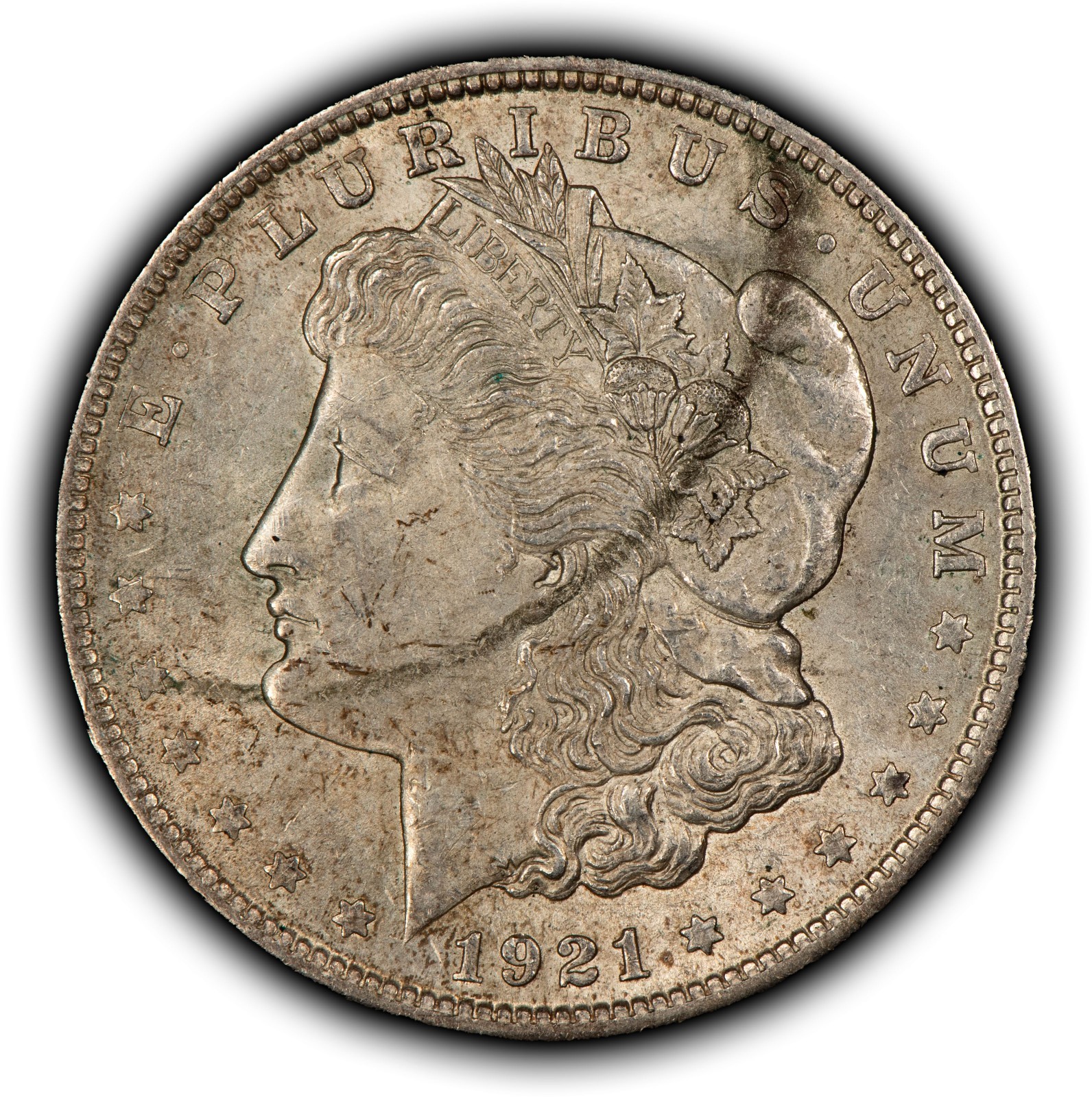 1921 $1 Morgan Silver Dollar - VAM-89 Doubled Profile Scribbles on Face - D6568