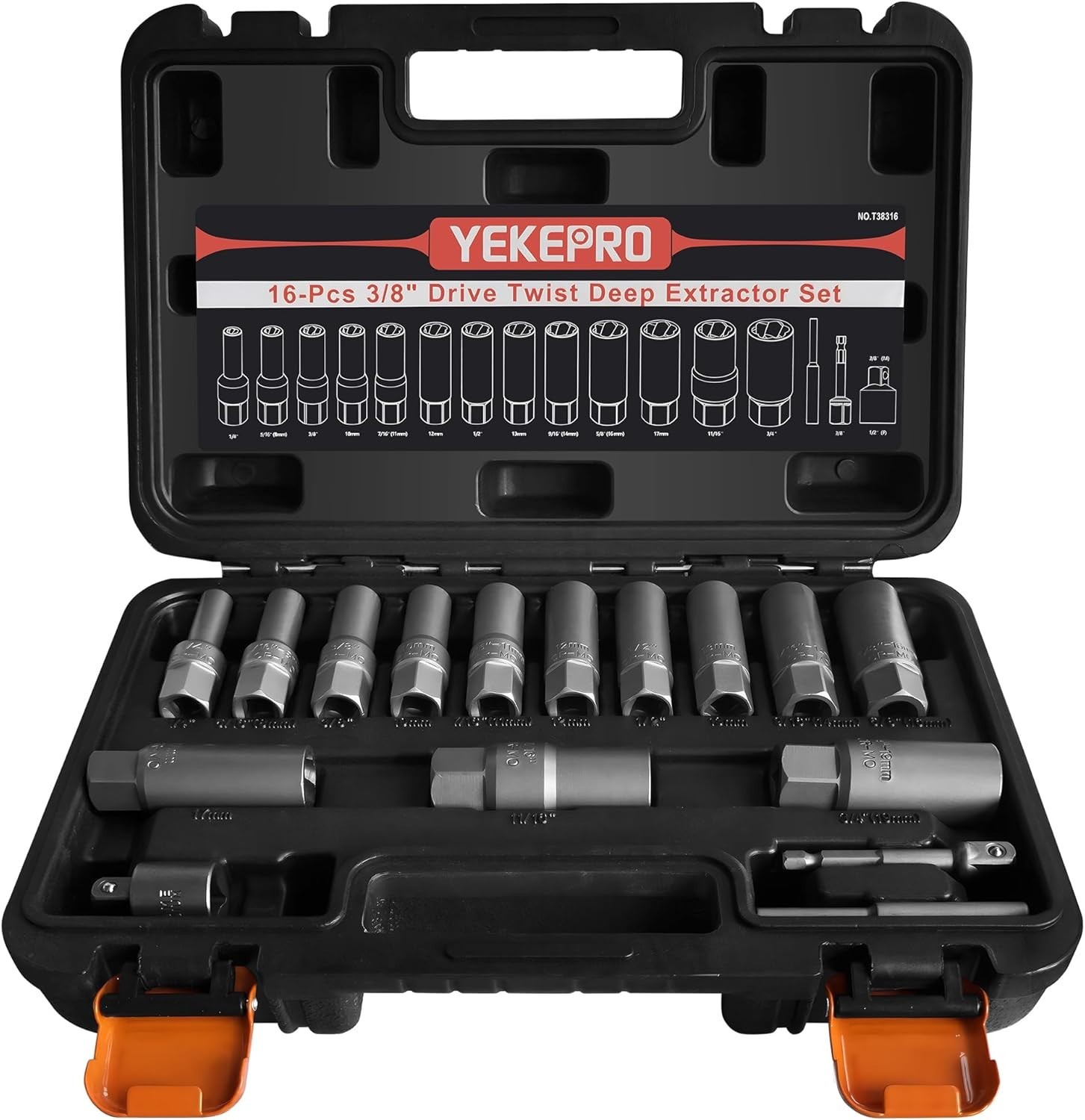 16pcs 3/8" Deep Well Bolt Extractor Set Spark Plug Removal Extraction Socket