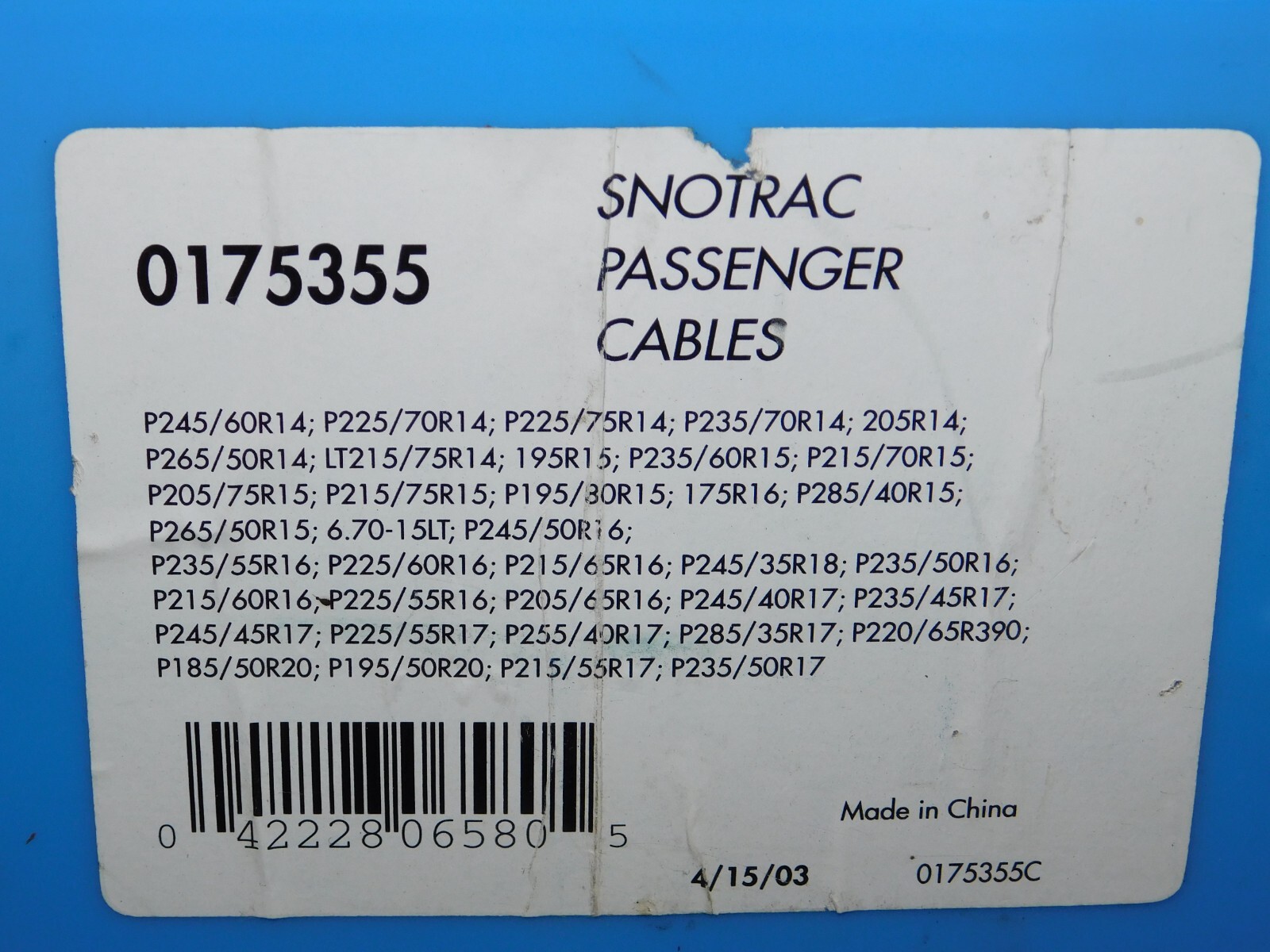 Peerless WinterTrac Traction Cable Tire Snow Chains, Stock # 0175355, Never Used