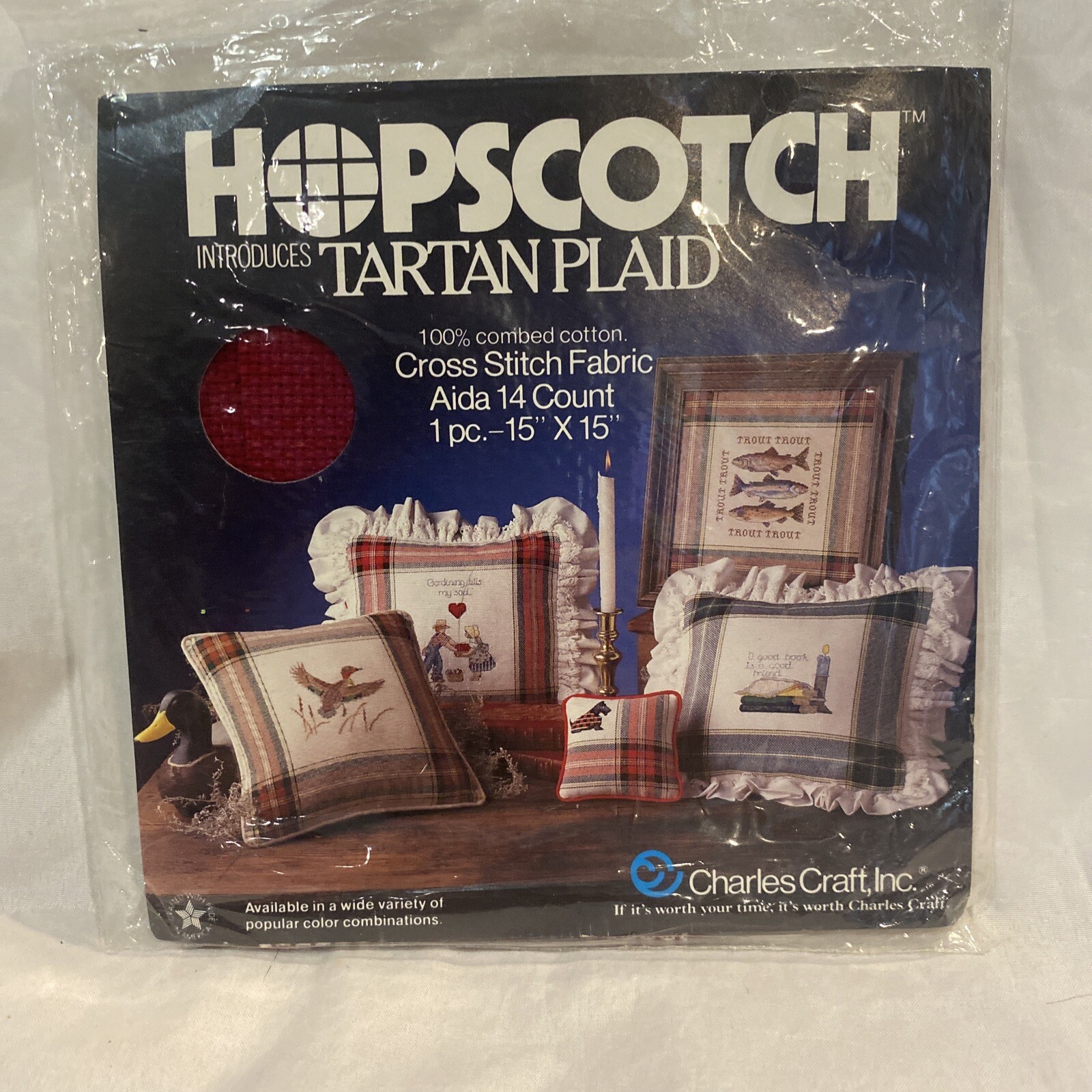 NEW 15X15” CHARLES CRAFT HOPSCOTCH TARTAN PLAID CROSS STITCH FABRIC RED/BLACK