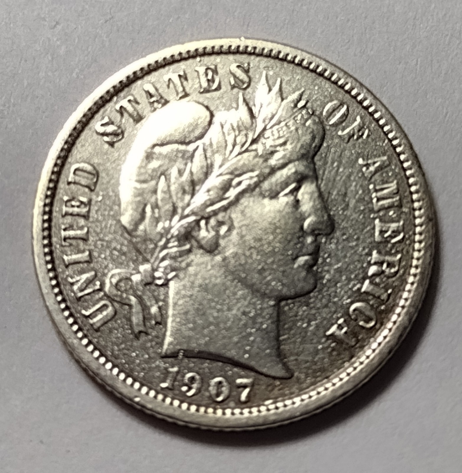 1907 Barber Silver Dime Full Liberty AU Almost Uncirculated Details