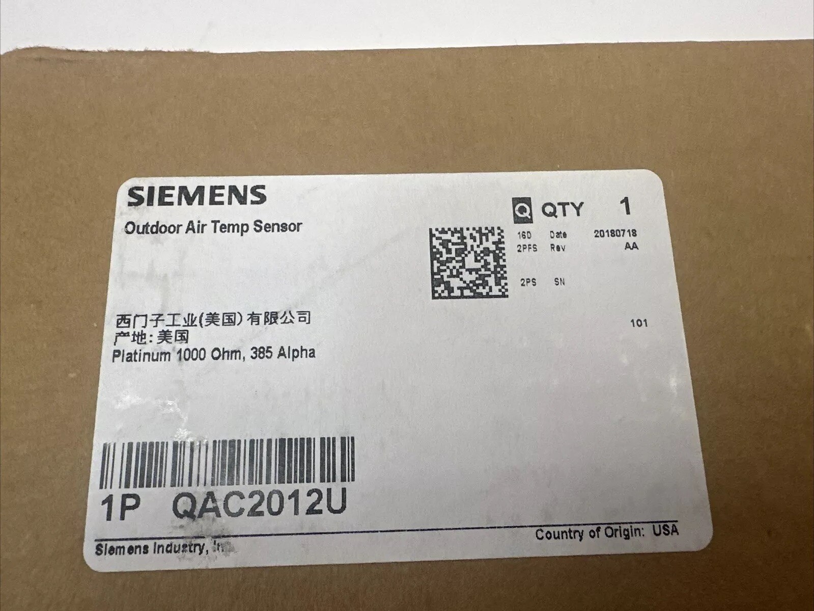 Siemens Outdoor Air Temperature Sensor QAC2012U