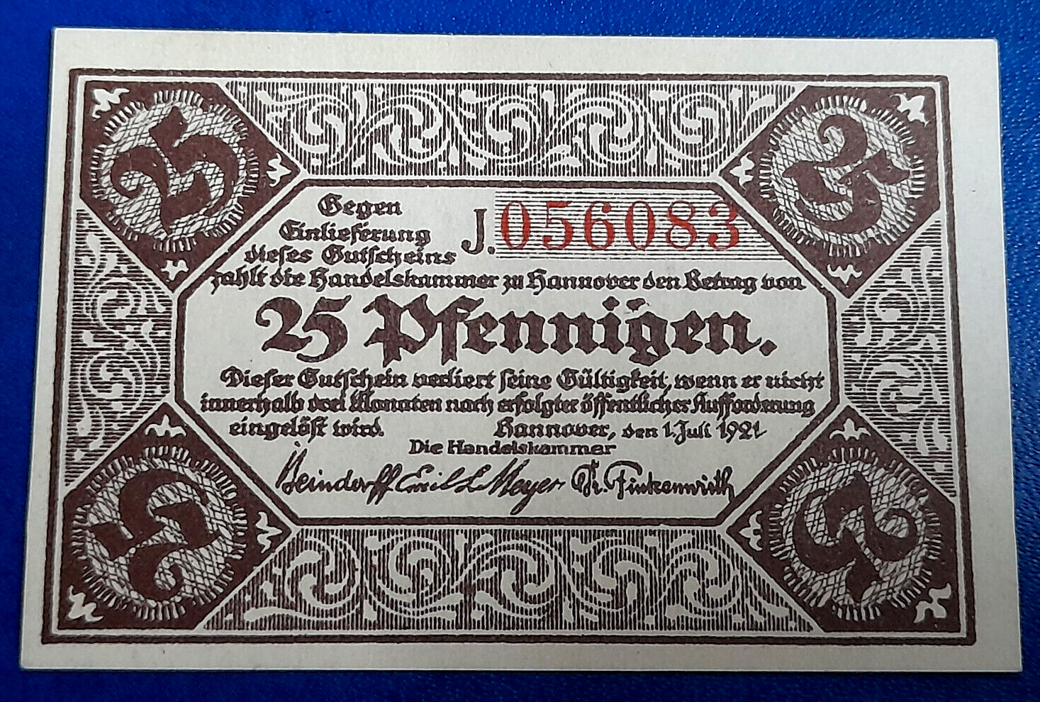 HANNOVER NOTGELD 25 PFENNIGEN 1921 EMERGENCY MONEY GERMANY BANKNOTE (30456)