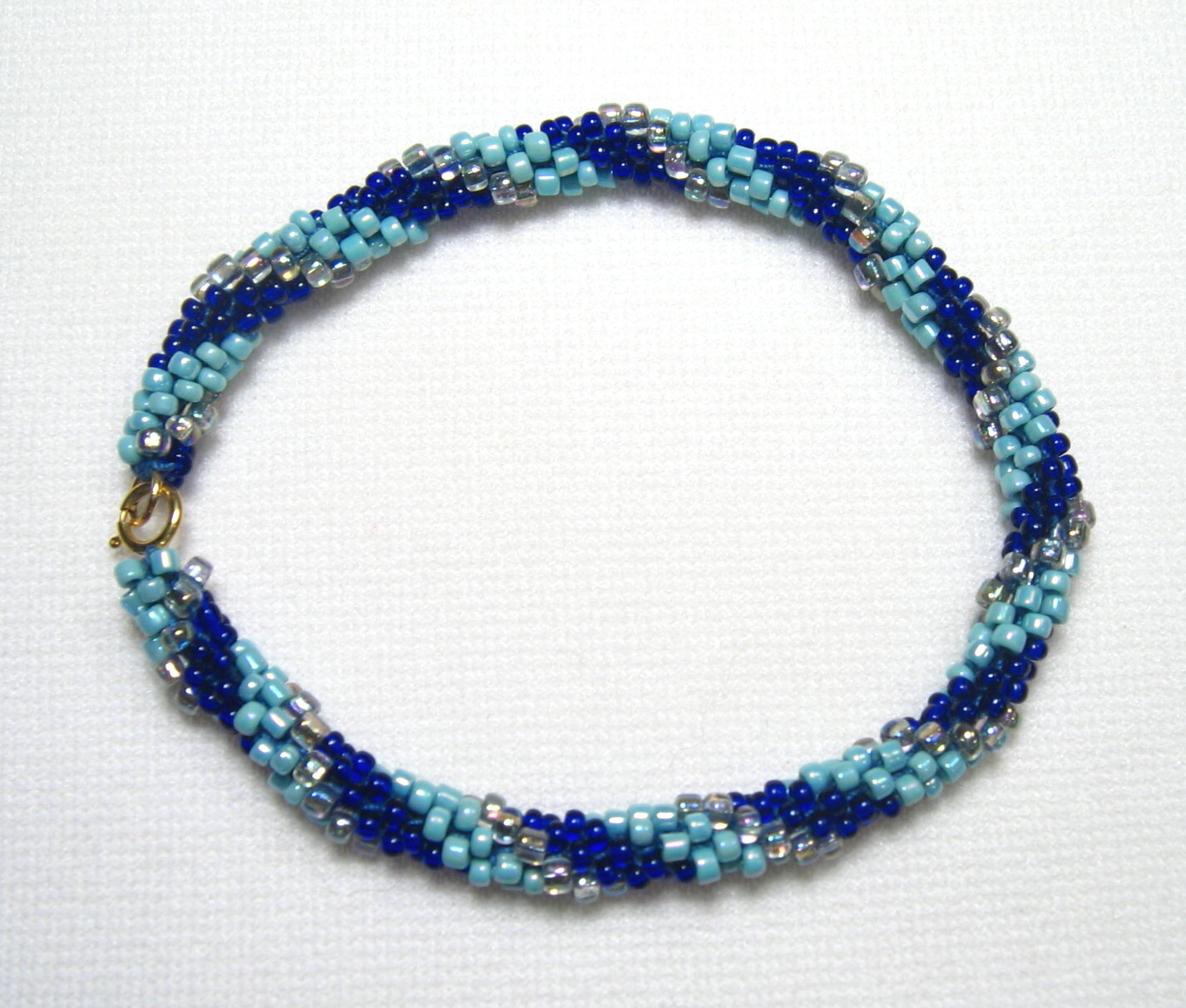 Hand Beaded Light and Dark Blue with Iridescent Necklace Bracelet 7 1/2"