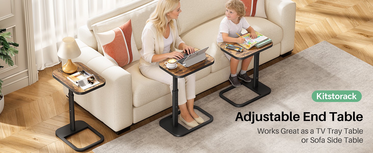 Kitstora Adjustable Height C-Shaped End Table, 9-Level Side Table with