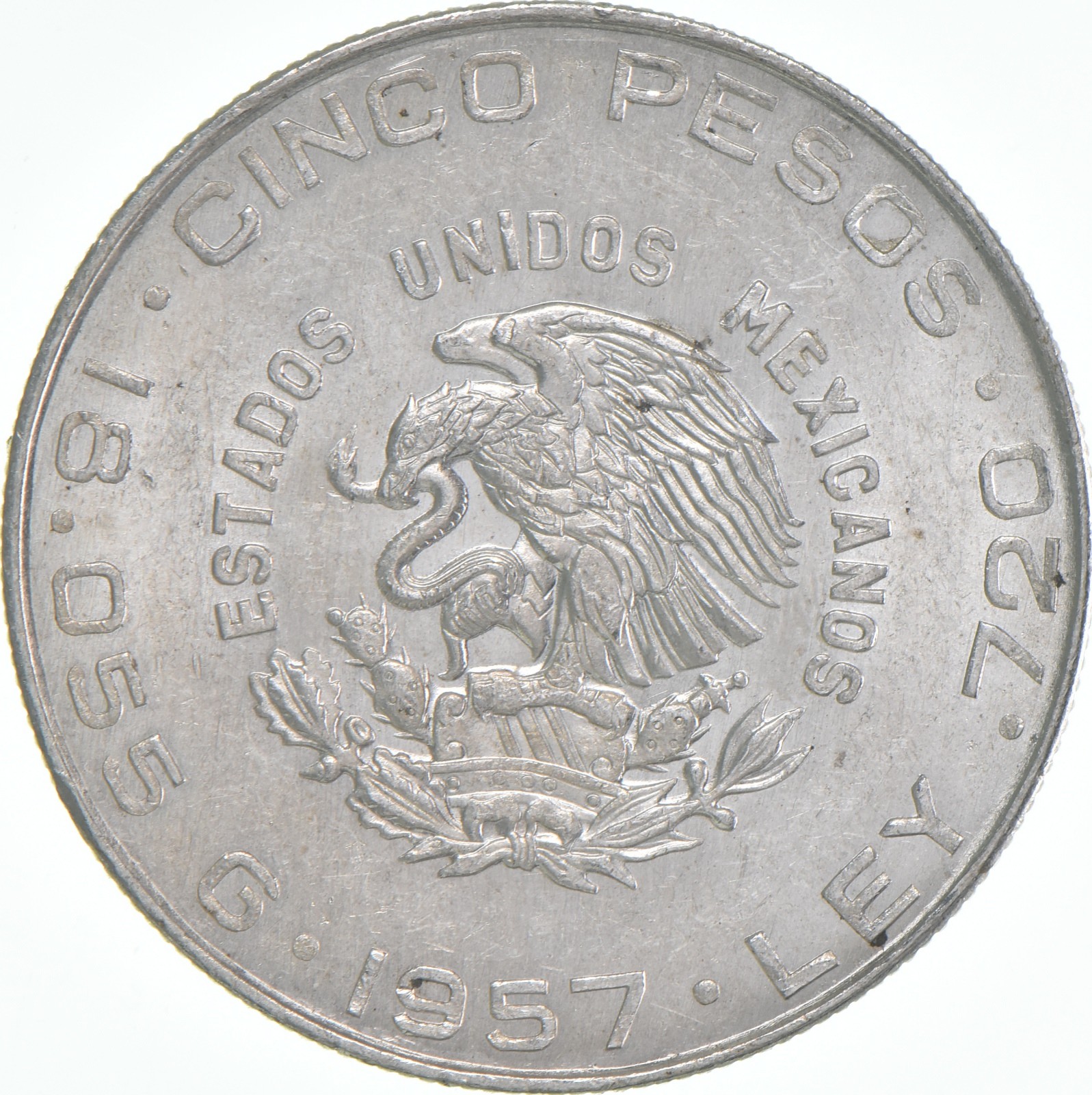 1957 Mo Mexico 5 Pesos Hidalgo .720 Silver AU