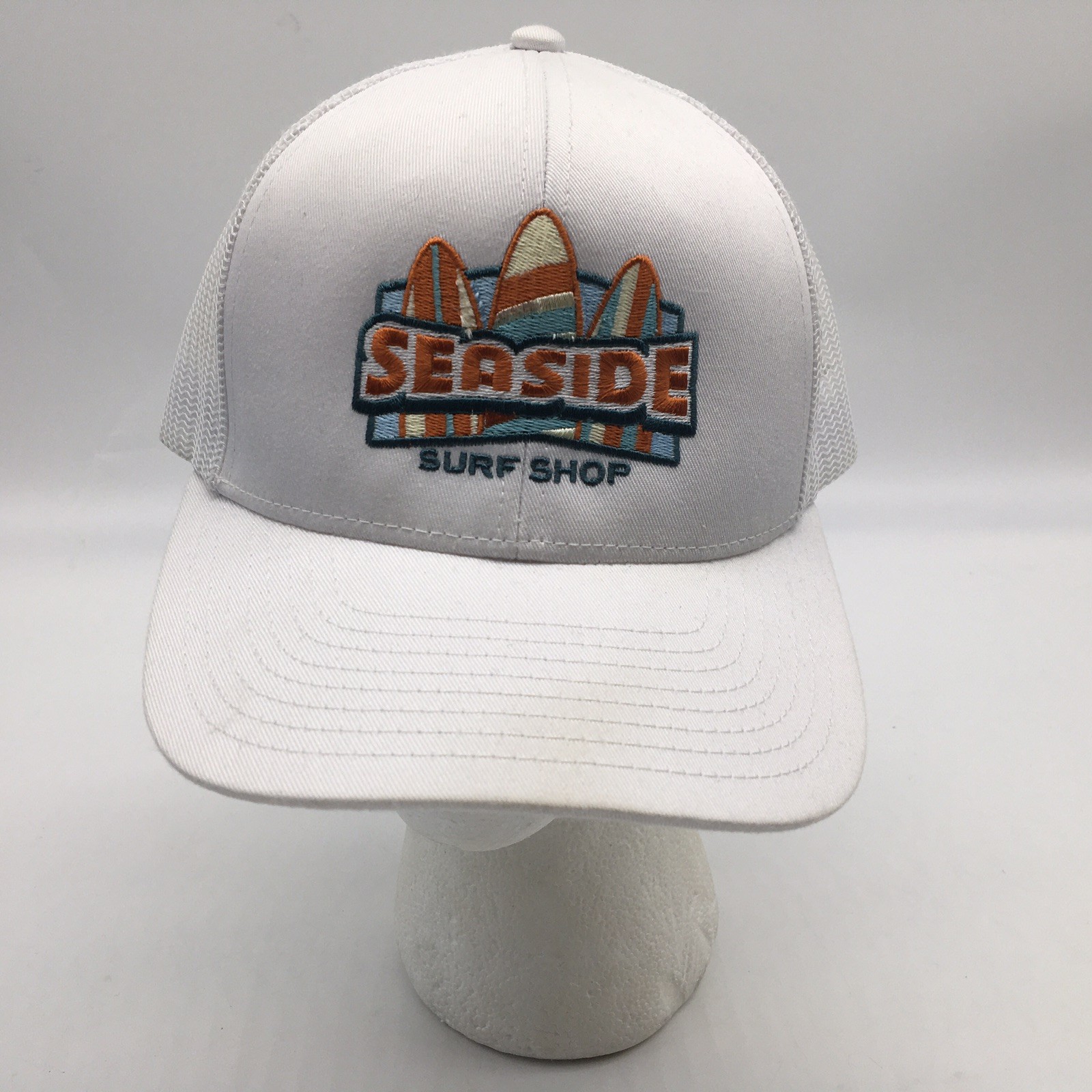 Seaside Surf Shop White Trucker Snap Back Cap Hat Mesh Embroidered Cap America