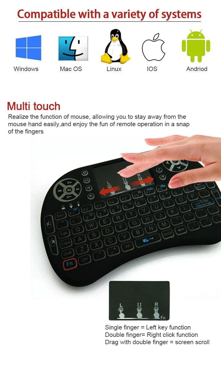 2.4gHz - Backlit Mini Wireless Handheld Keyboard Mouse Touchpad Black - 7 COLOR