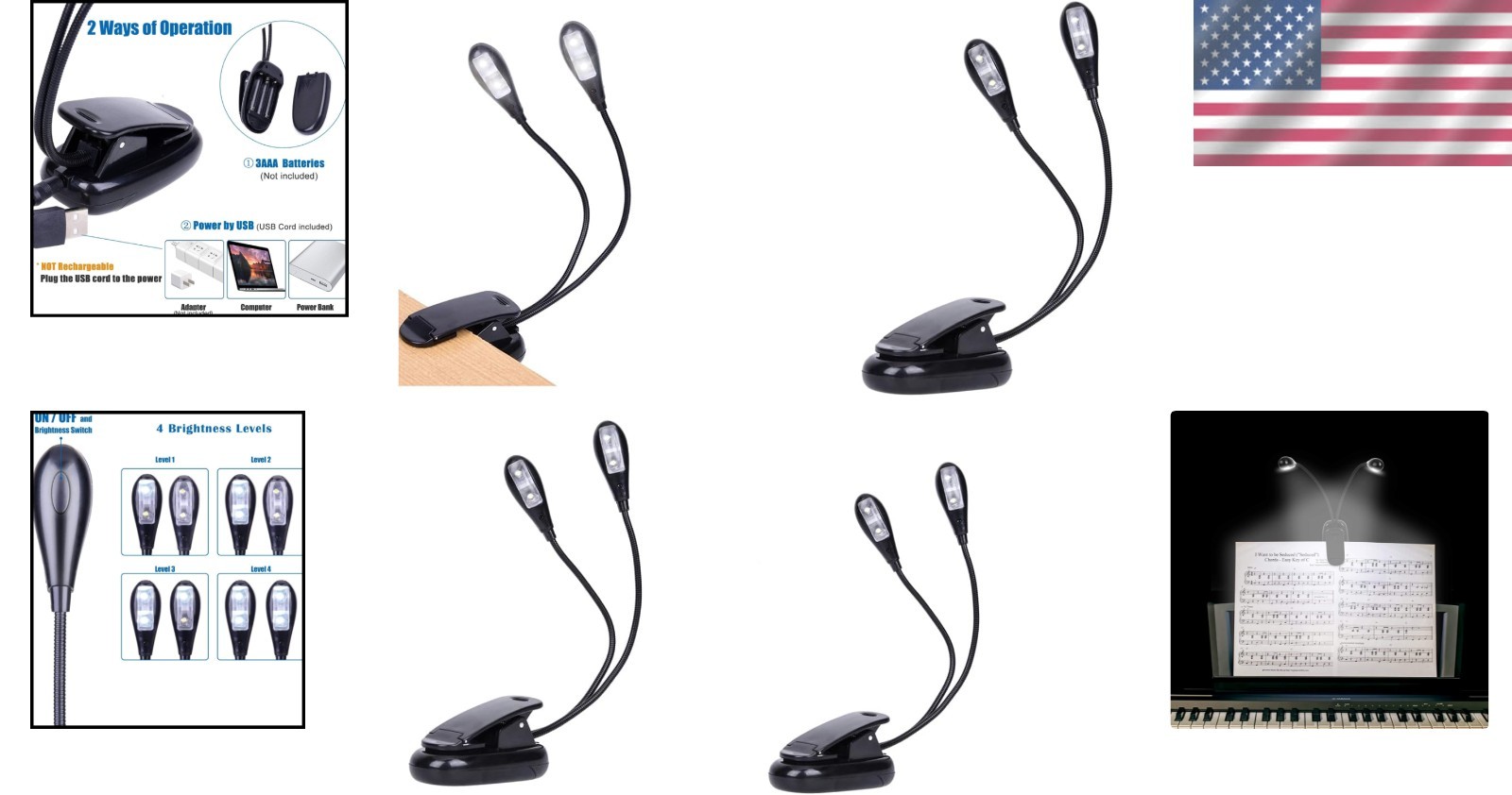 Eye-Caring Clip-On Book Lights, USB & AAA Battery Powered