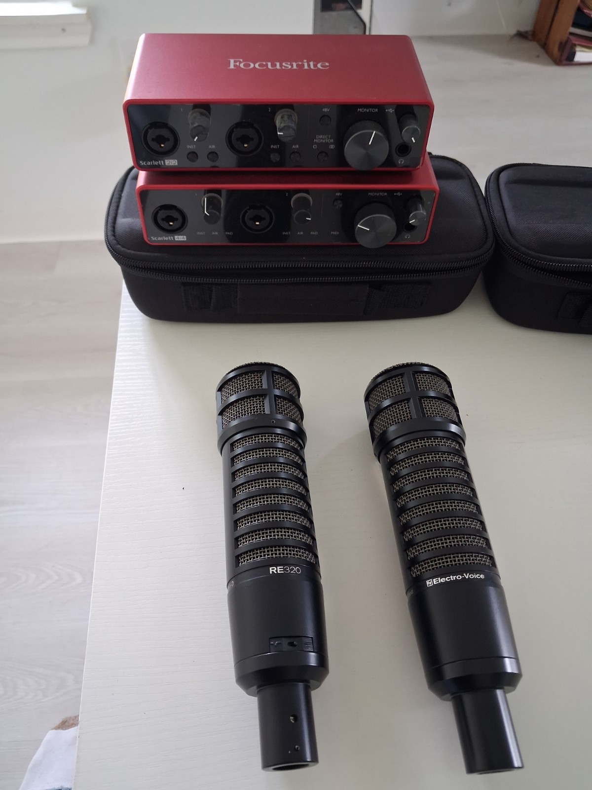 2 Electro-Voice RE320 mics and 2 Focusrite Scarlett USB Audio Interfaces