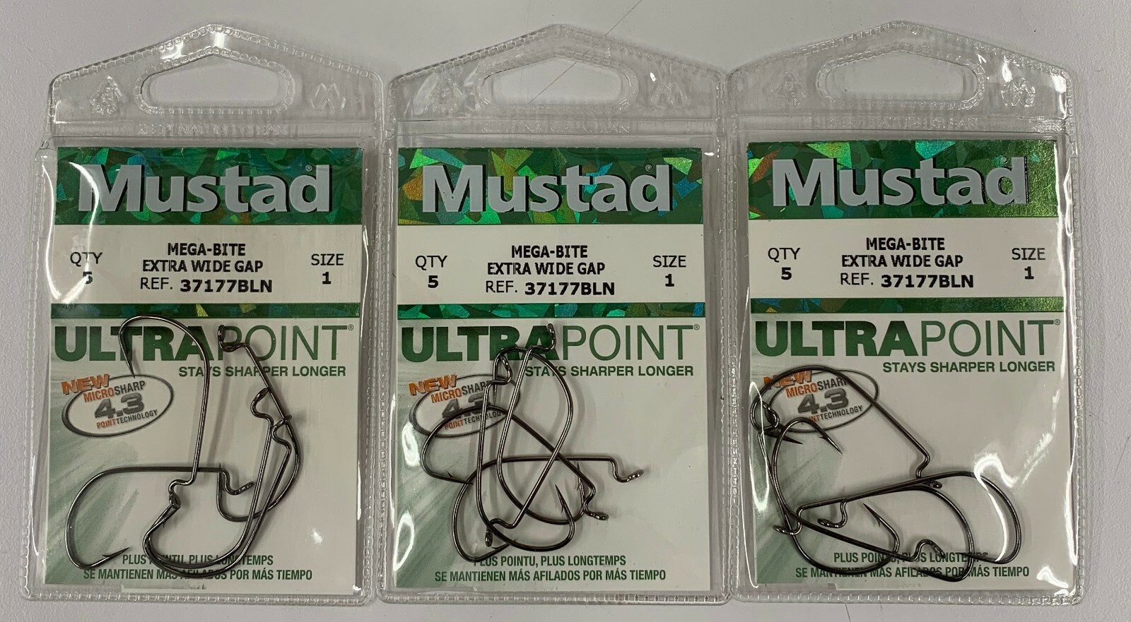Mustad Hooks Mega Bite Extra Wide Gap, Size 1, 37177-BN 3 Five Packs(15 hooks)