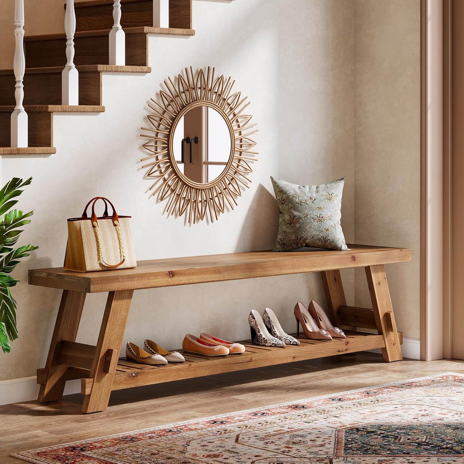 63-Inch Solid Wood Entryway Bench 2-Tier Farmhouse Narrow Shoe Storage Bench