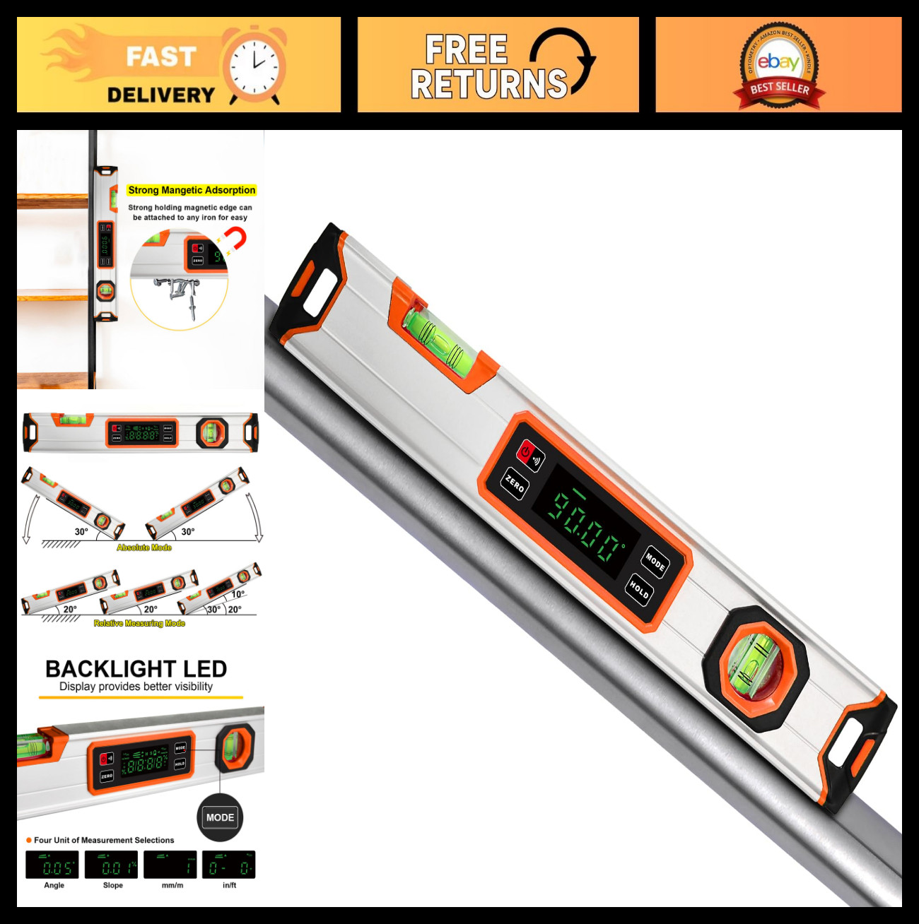 15.7" Digital Torpedo Level & Angle Finder - Waterproof Inclinometer, Backlit LC