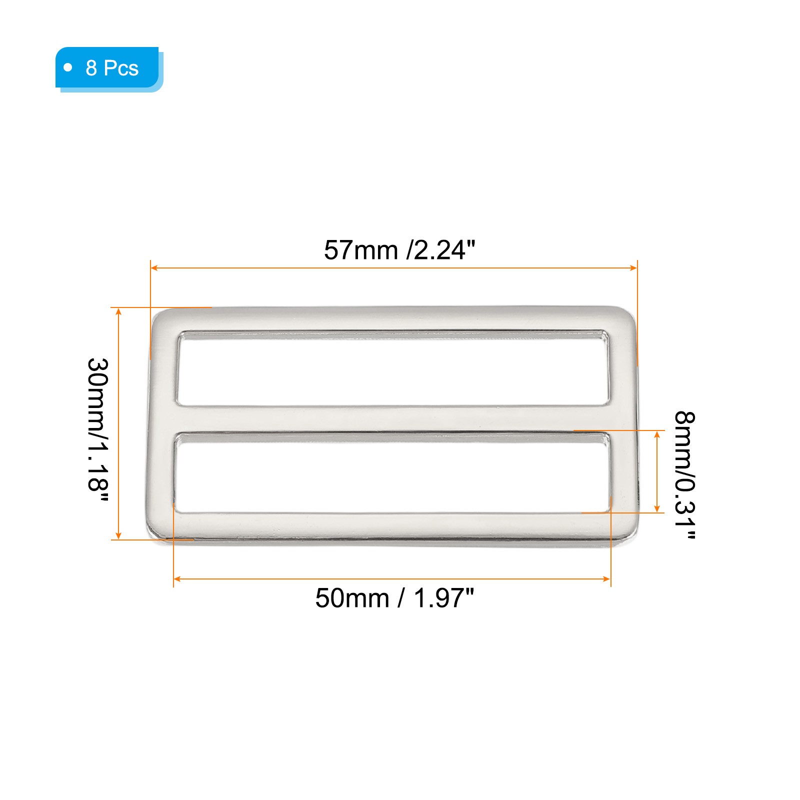 8 Pcs Metal Tri-glide Slide Buckle, 50mm Slider Strap Replacement, Silver