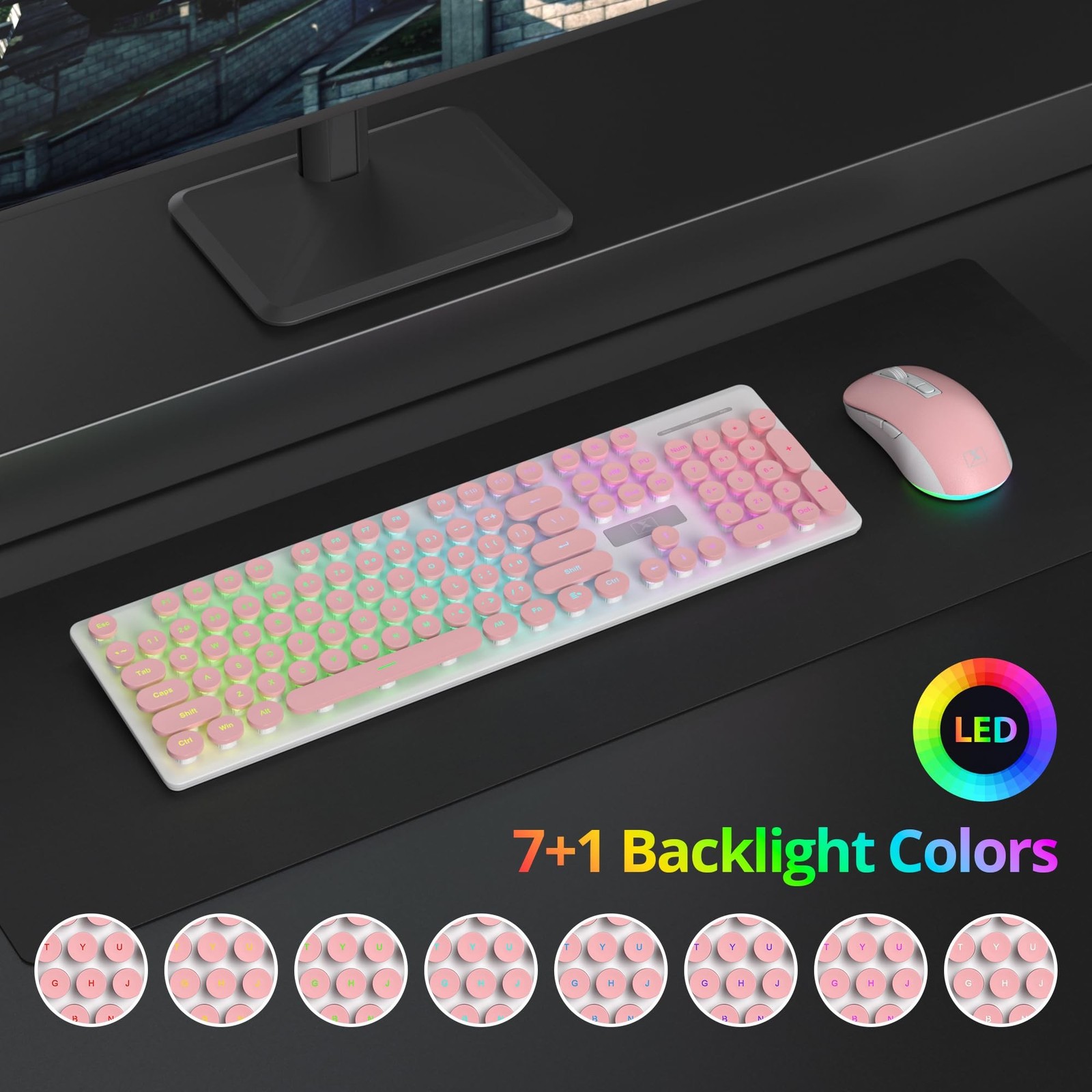 Backlit Pink Keyboard and Mouse Wireless, 2.4GHz Light Up Typewriter Recharge...