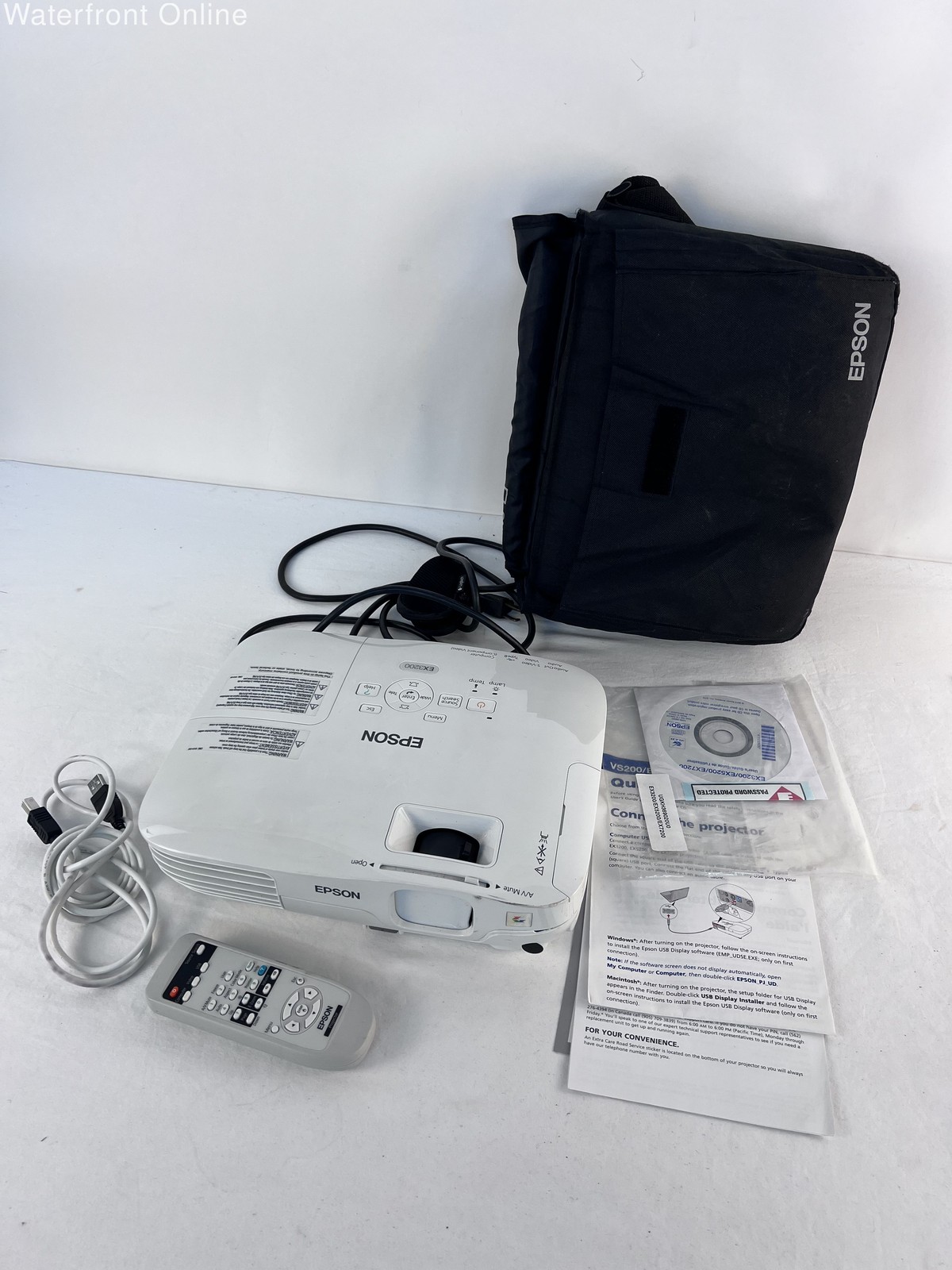 Epson EX3200 Digital LCD Projector H369A Power Cord Remote Cables Paperwork Bag