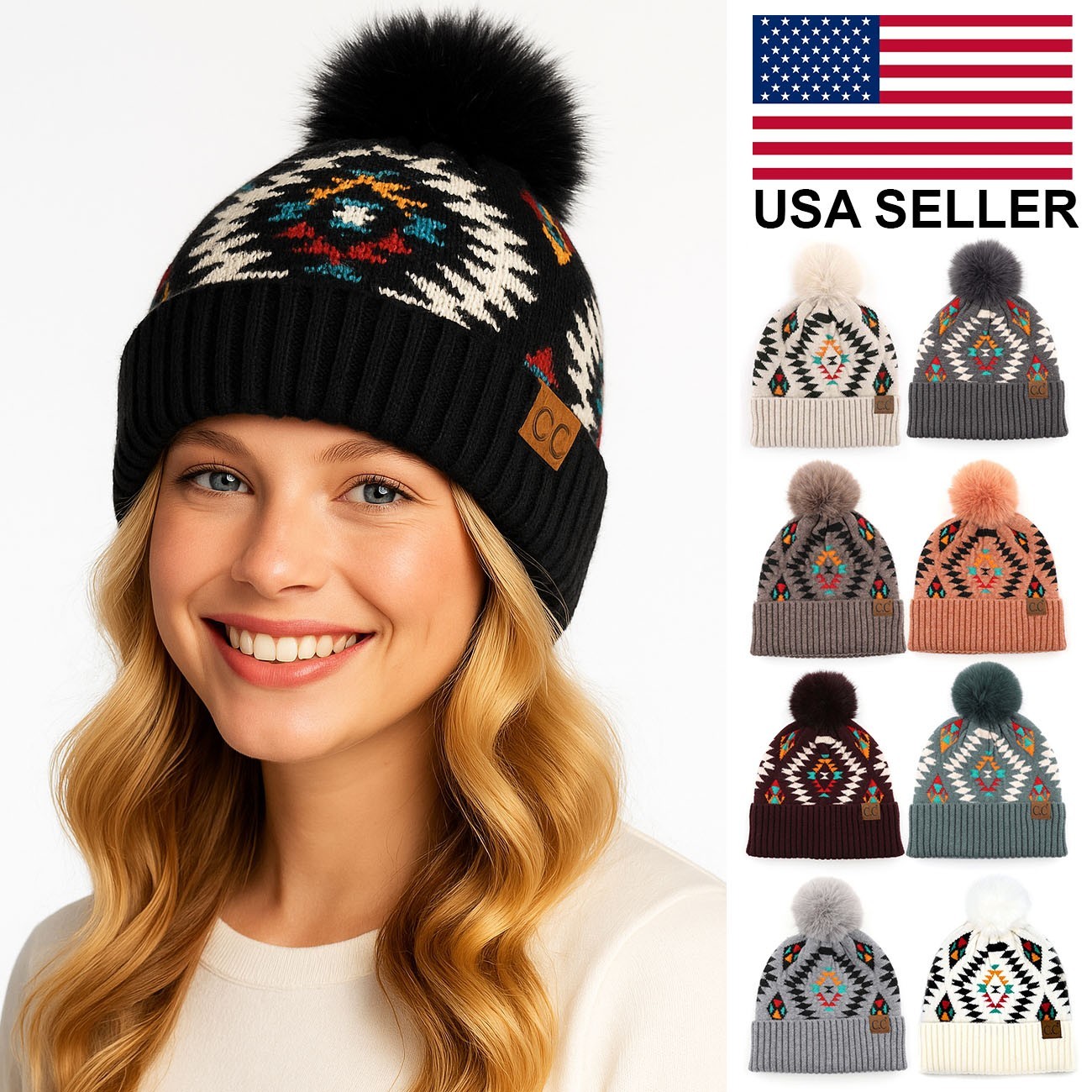 C.C Exclusive Women's Multicolor Soft Aztec Pattern Beanie with Faux Fur Pom