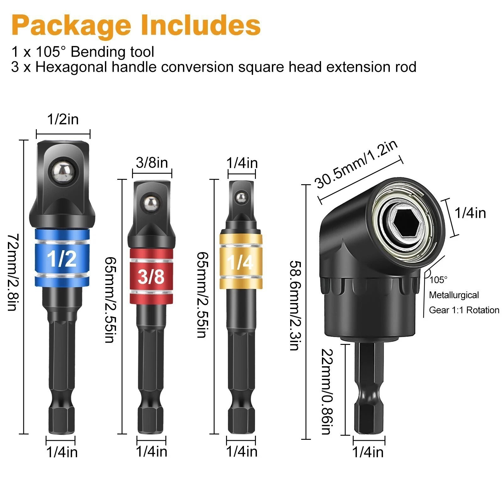 105 Degree Right Angle Drill Bit 1/4"+3/8"+1/2" Hex Shank Socket Adapter Set NEW