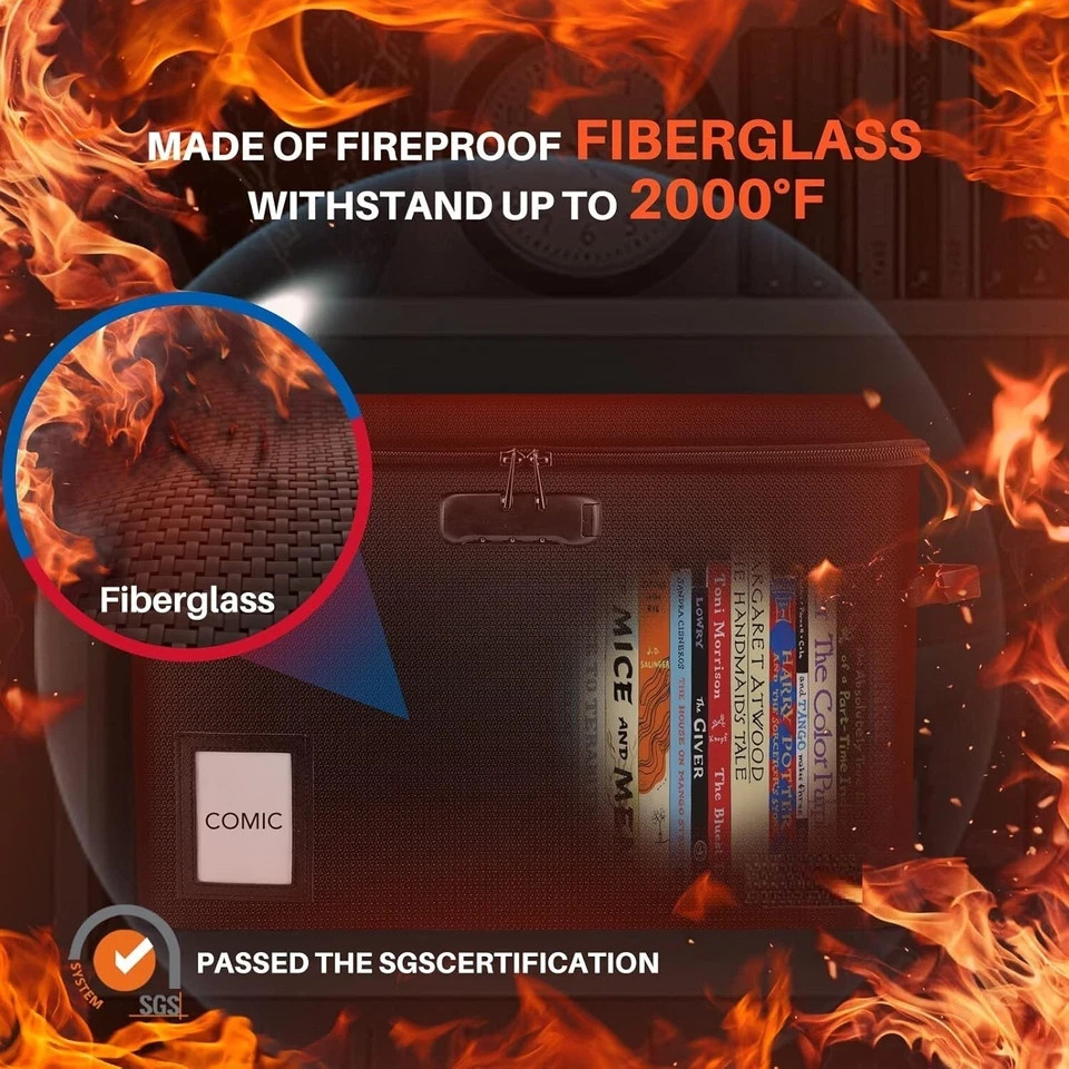 Comic Book Storage Box Fireproof & Water-Resistant Comic Book Box with Lock a...