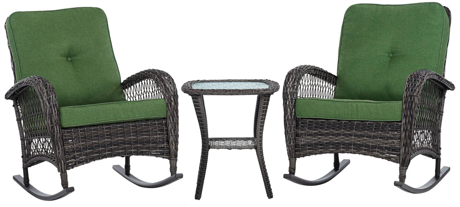 Madden 3-Piece Rattan Outdoor Green Rocking Chair Set With Occasional Table