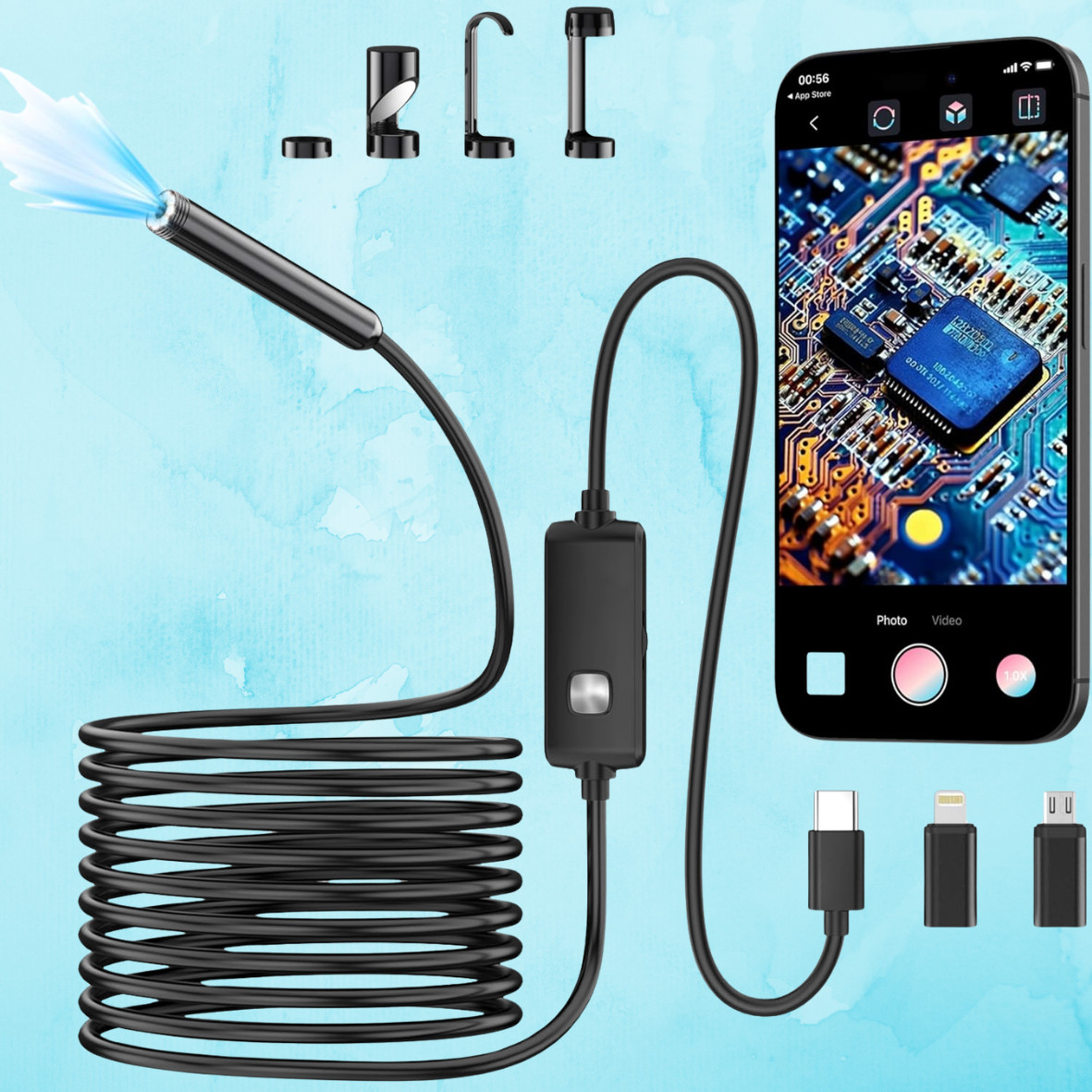 Endoscope Camera with Light, 1920P HD Borescope Camera with 8 LED Lights 16.4ft