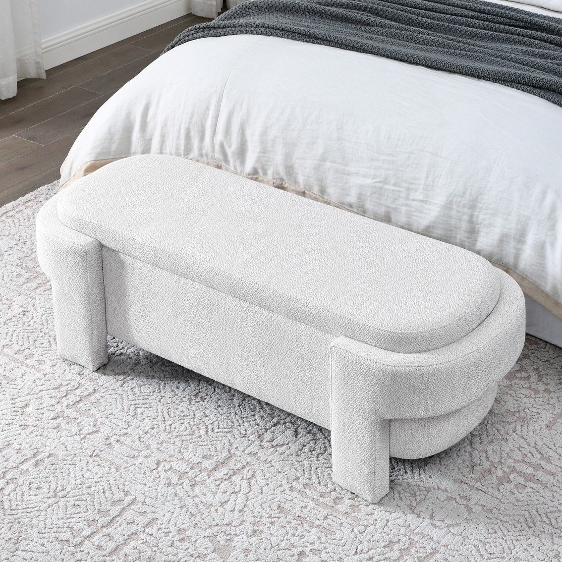 Linen Fabric Upholstered Bench Large Storage Space for Living Room, Entryway