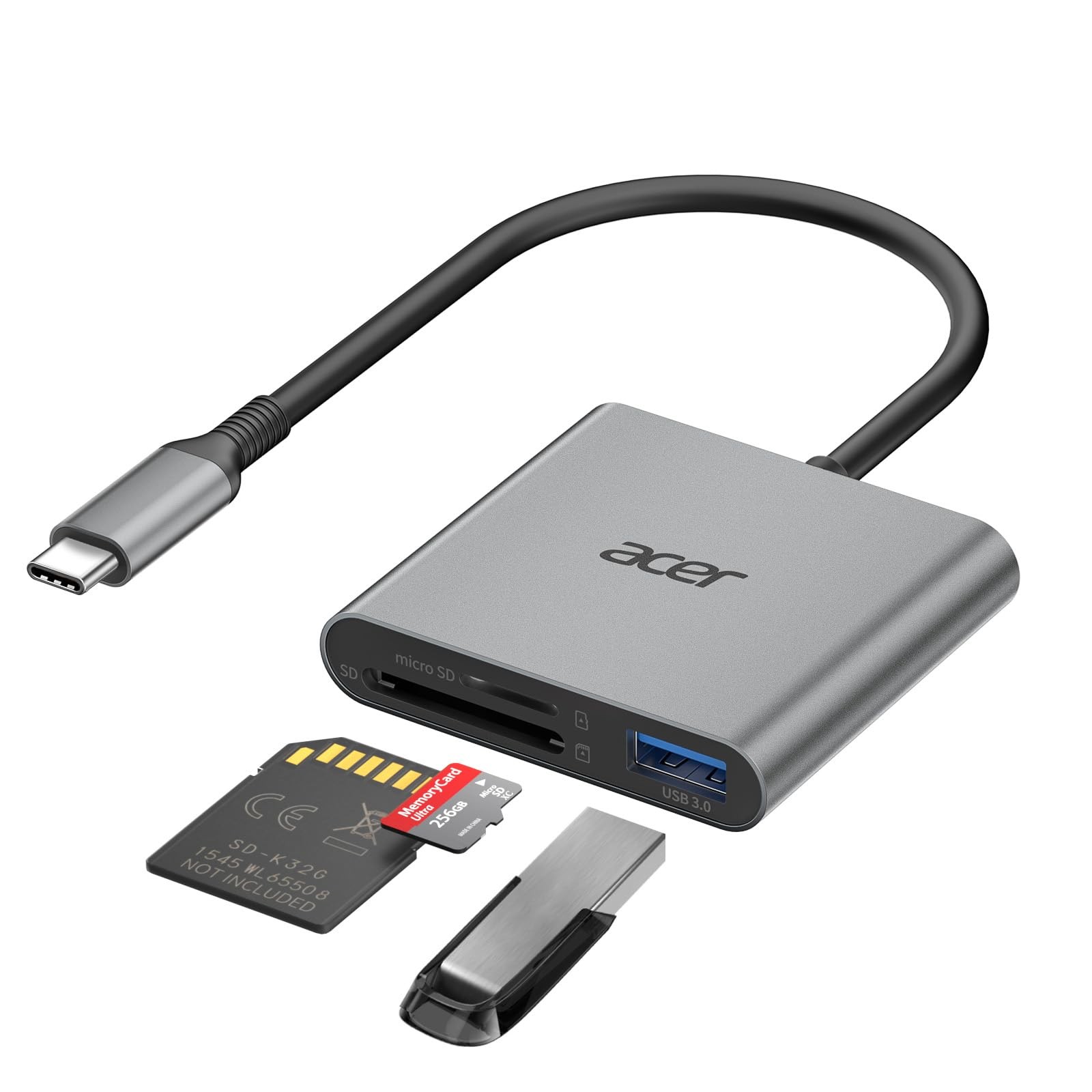 Acer SD Card Reader USB C, 3 in 1 Memory with Dual Slots & Grey