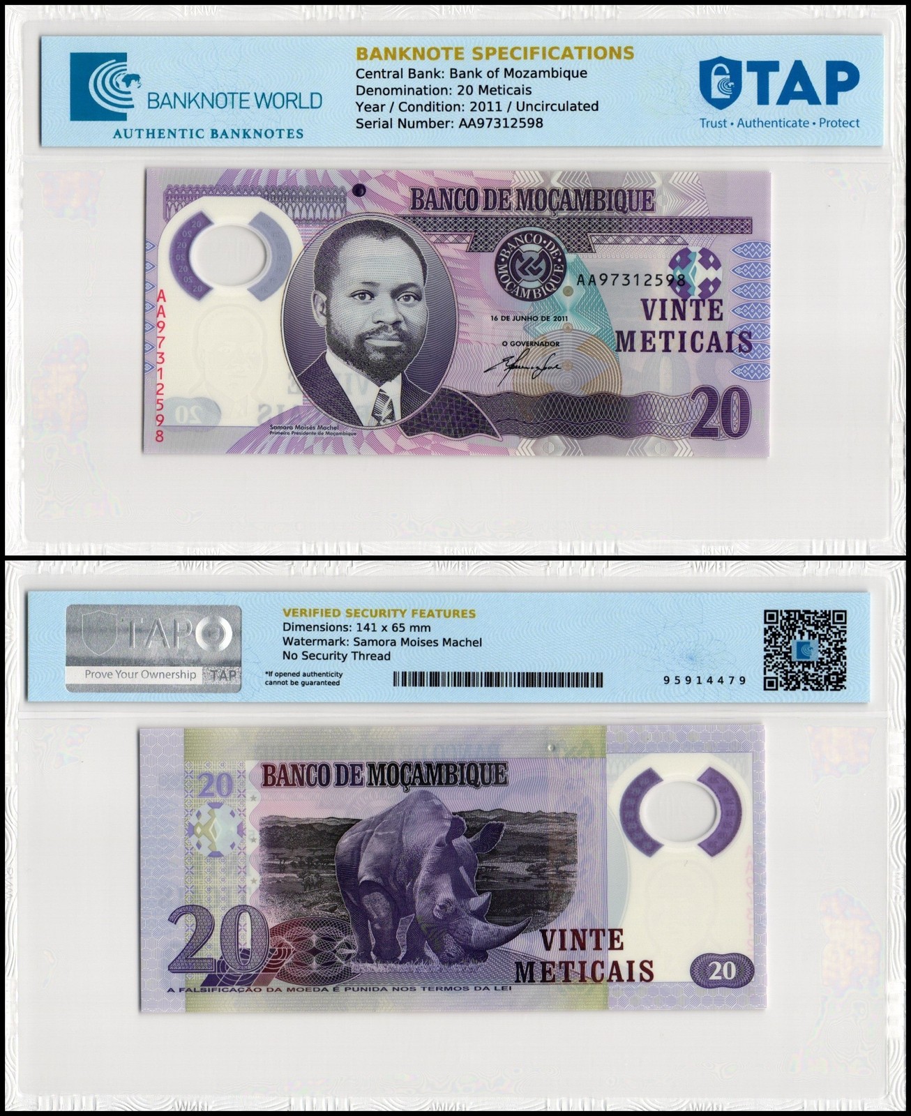 Mozambique 20 Meticais, 2011, P-149a, UNC, Polymer, TAP Authenticated