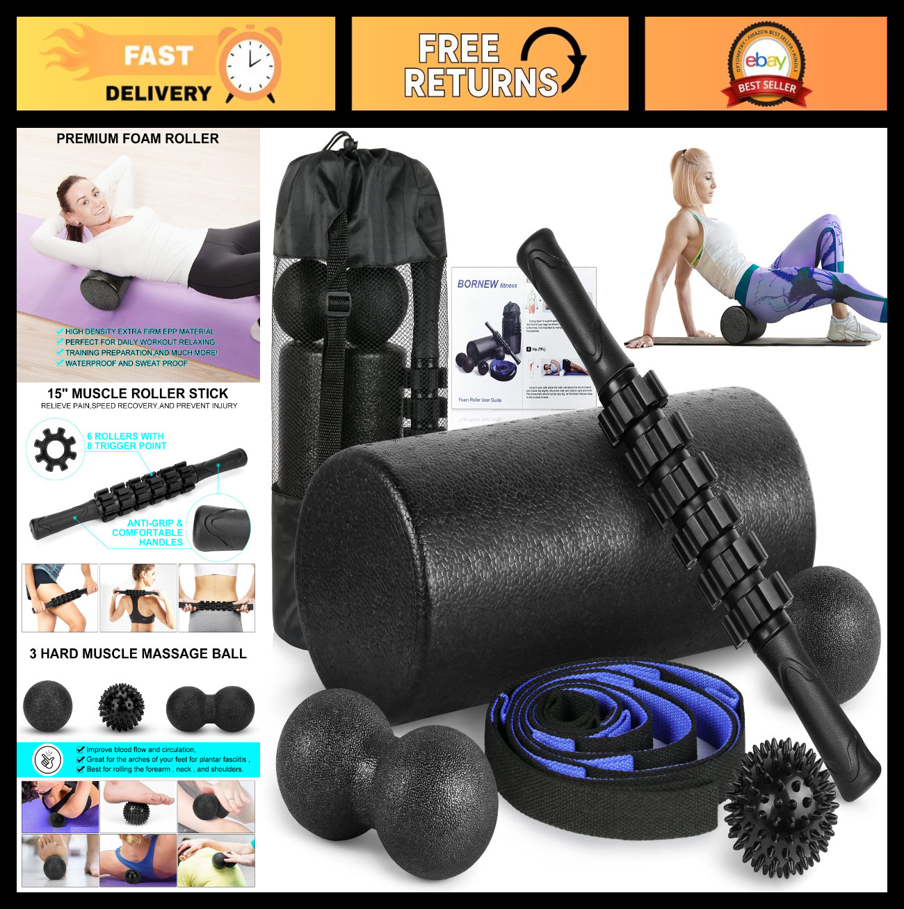 High-Density Foam Roller Set - Muscle Roller Stick, Fasciitis Ball, Stretch Stra