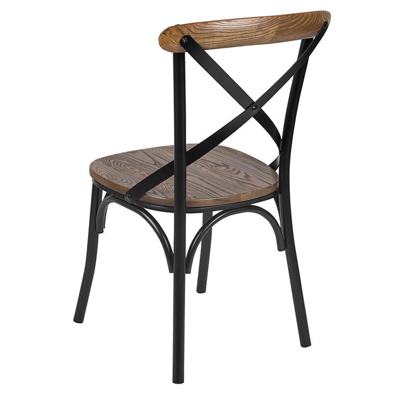 Bistro Style Cross Back Metal Restaurant Chair w/ Metal Bracing & Fruitwood Seat