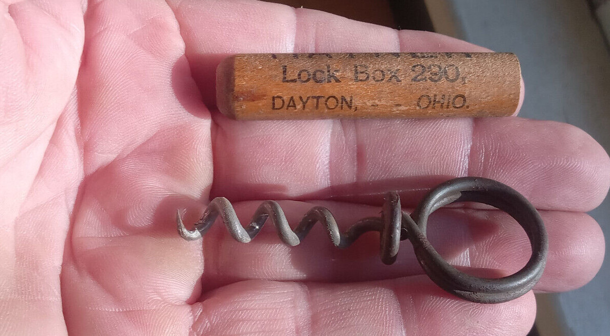 COMPLIMENTS OF HAYNER LOCK BOX 290 EARLY 1900 WHISKEY ADVERTING CORKSCREW