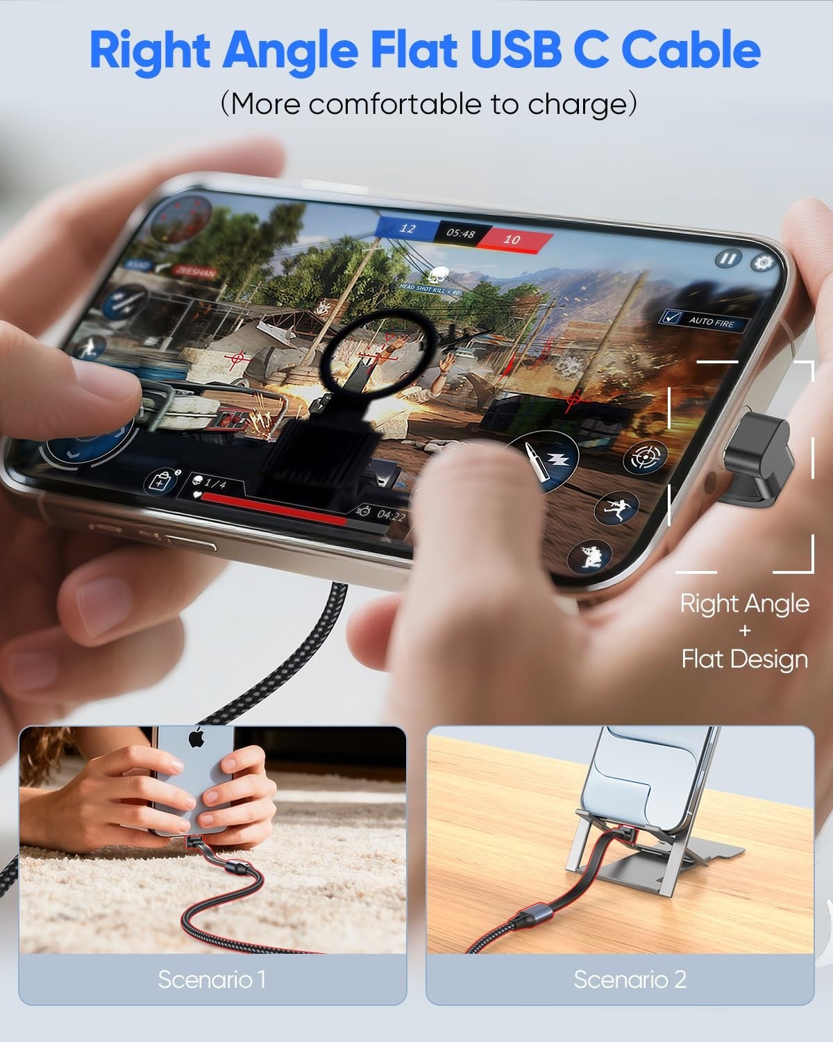 90 Degree USB C Cable 1FT, Right Angle USB C Cable Flat 60W Fast Charging Nyl...