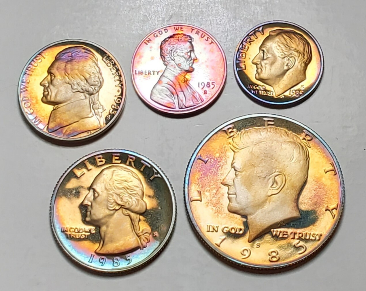 TONED 1985 S PROOF SET 5 COIN UNC SET #BX79