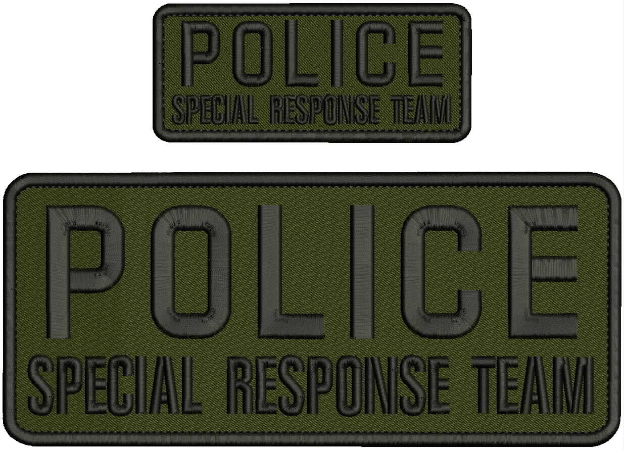POLICE S R TEAM EMB PATCH 10X4 AND 5X2 HOOK ON BACK BLACK ON OD GREEN