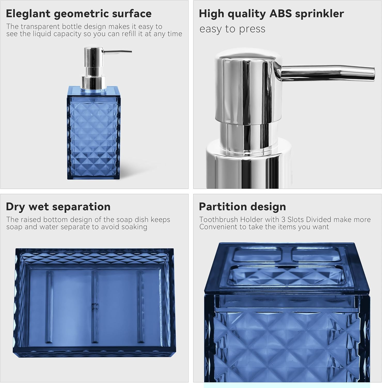 4-Piece Blue Bathroom Accessory Set with Soap Dispenser and Toothbrush Holder