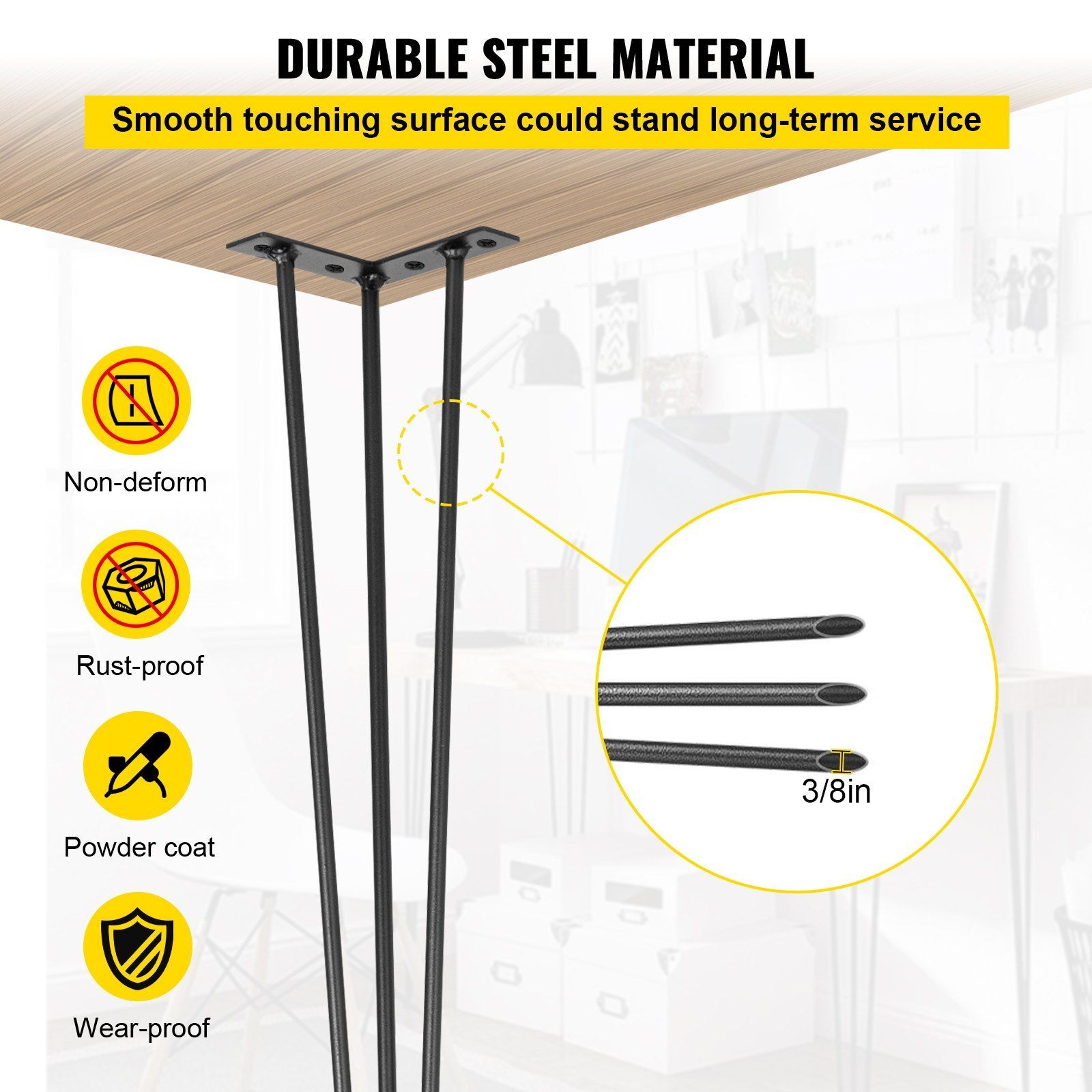 Black 26in Desk Hairpin Legs Set of 4 880lbs Steel 3-Rod Design