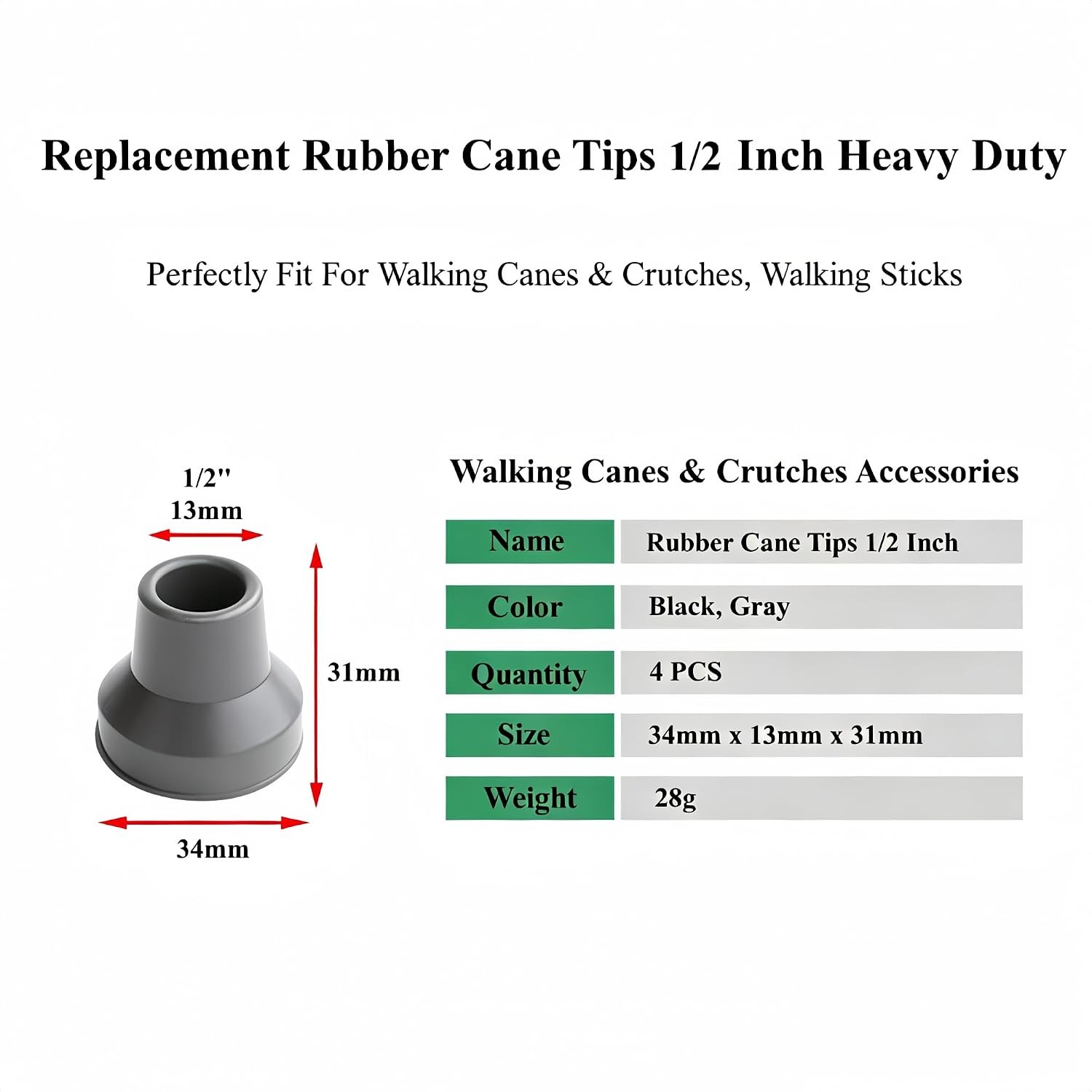Heavy Duty Rubber Quad Cane Tips 1/2 Inch Replacement 4 Pack Quad Cane