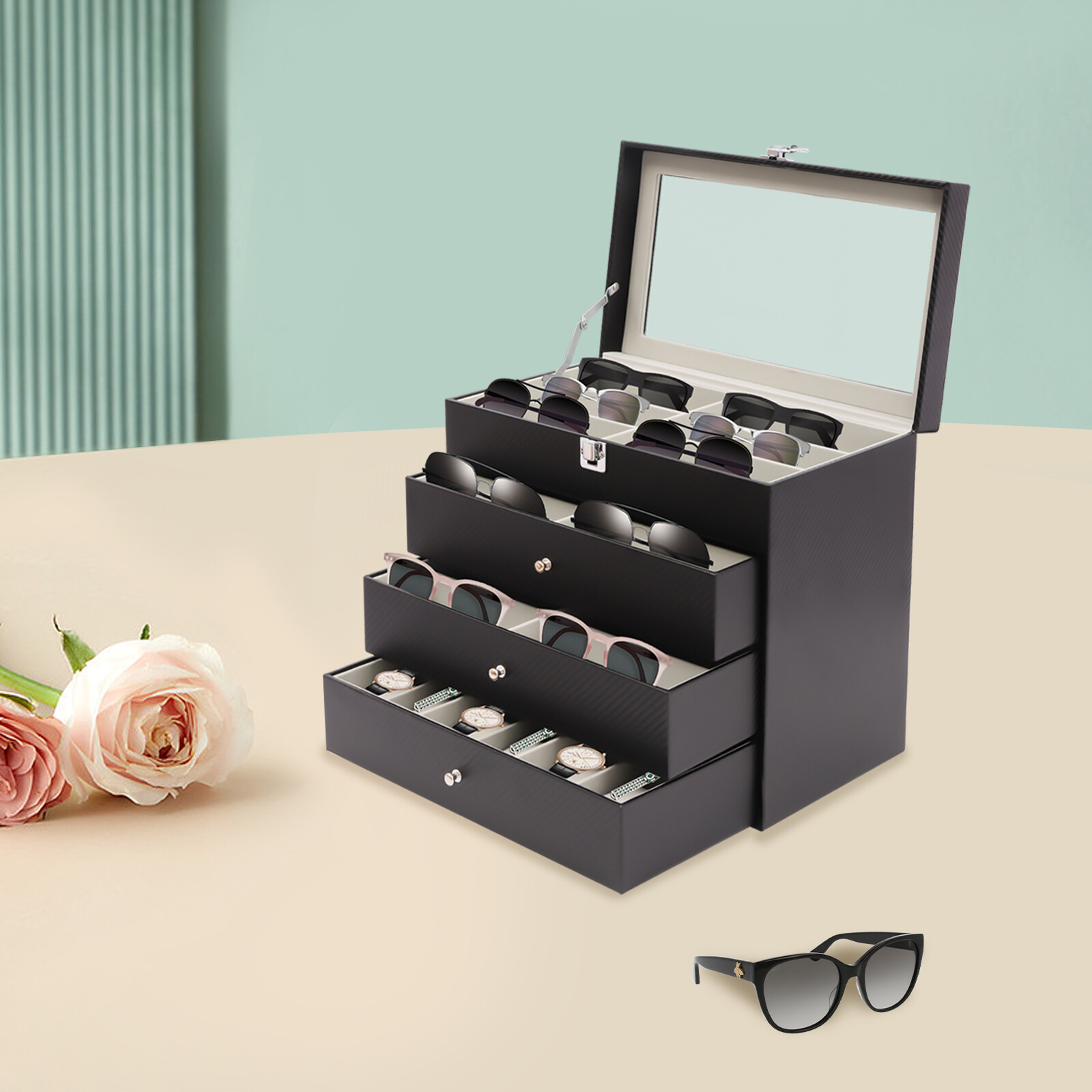 4Tier Watch Case Watch Box 6-Slot & Eyeglasses Case 18-Slot Storage Display Case