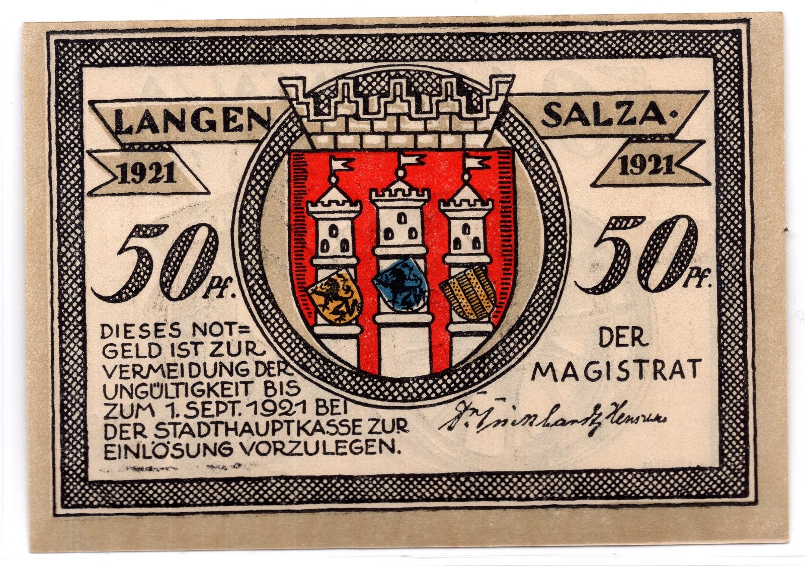 1921 Germany Landensalza Notgeld 50 Pfennig Note (3128)