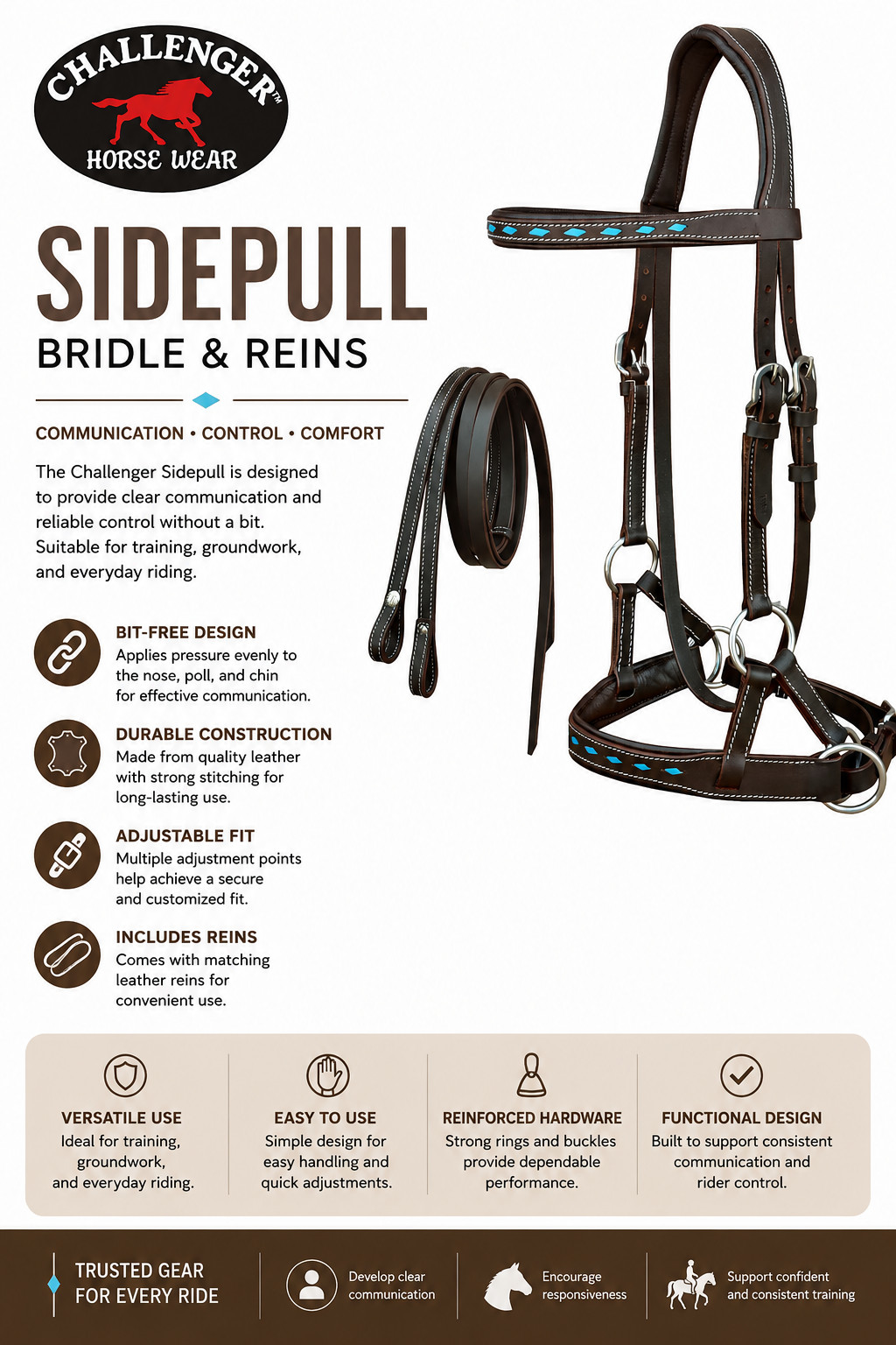 Leather BuckStitch Bitless Sidepull Bridle Reins 7715