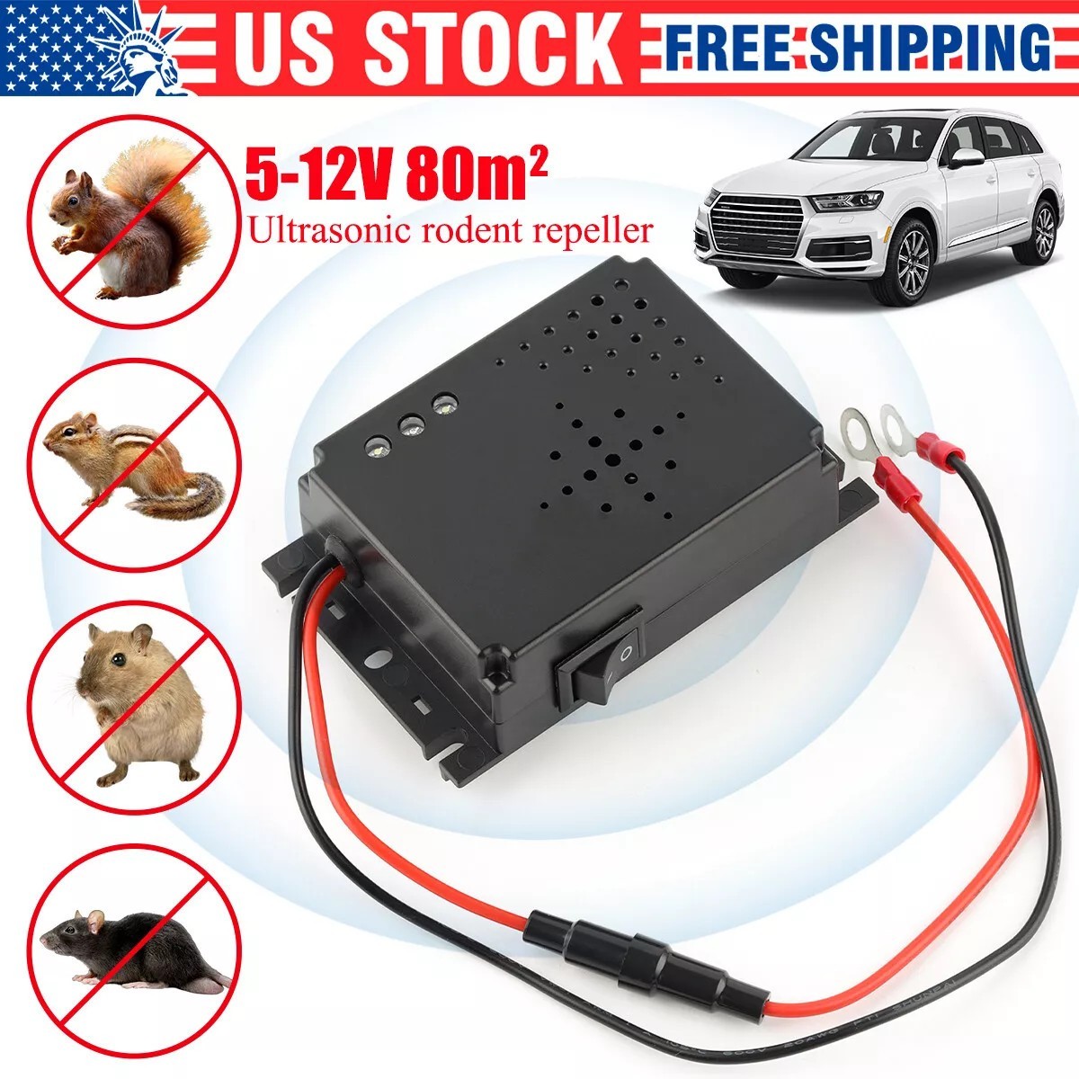 12V Car Ultrasonic Mouse Repeller Vehicle Rat Rodent Pest Animal Deterrent