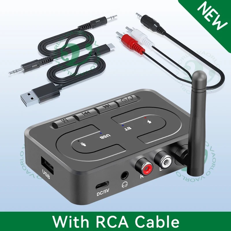 Bluetooth 6.0 Audio Receiver 3.5mm AUX RCA w/ RCA Cable USB Mic