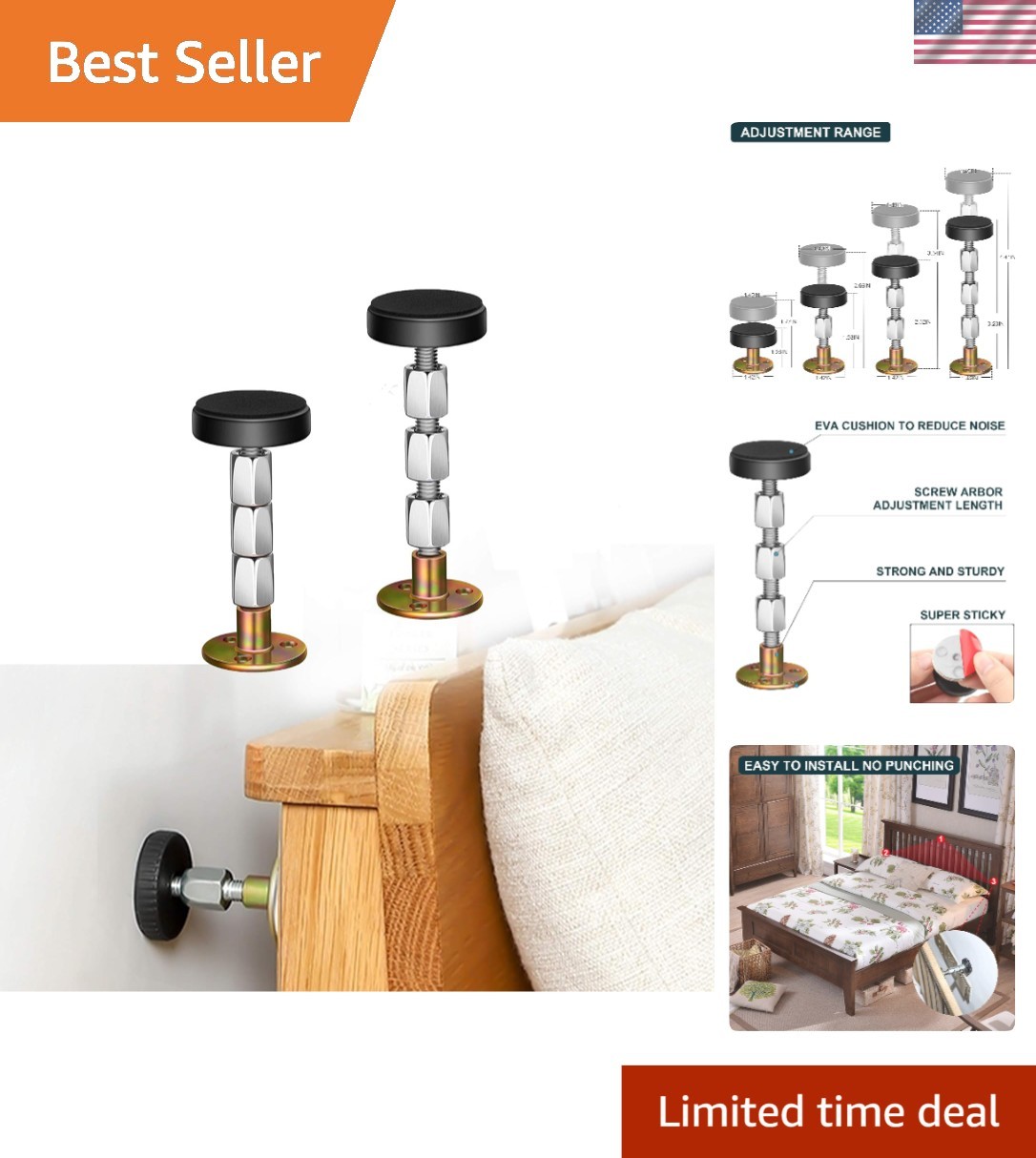 Adjustable Headboard Stoppers, 30-112mm | Adjustable Threaded Bed Frame Anti-...
