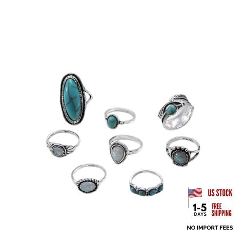 4 Pcs Bohemian Vintage Turquoise Oval Flower Rings for Women Geometric Ethnic