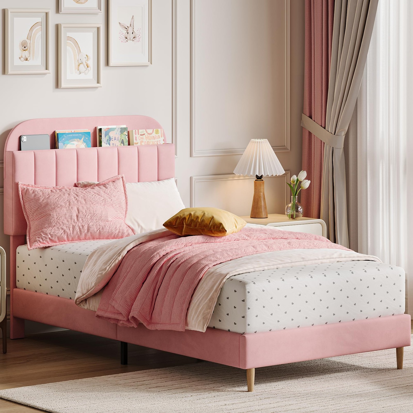 Full Bed Frame w/ Storage Headboard Velvet Upholstered Platform Bedframe for Kid