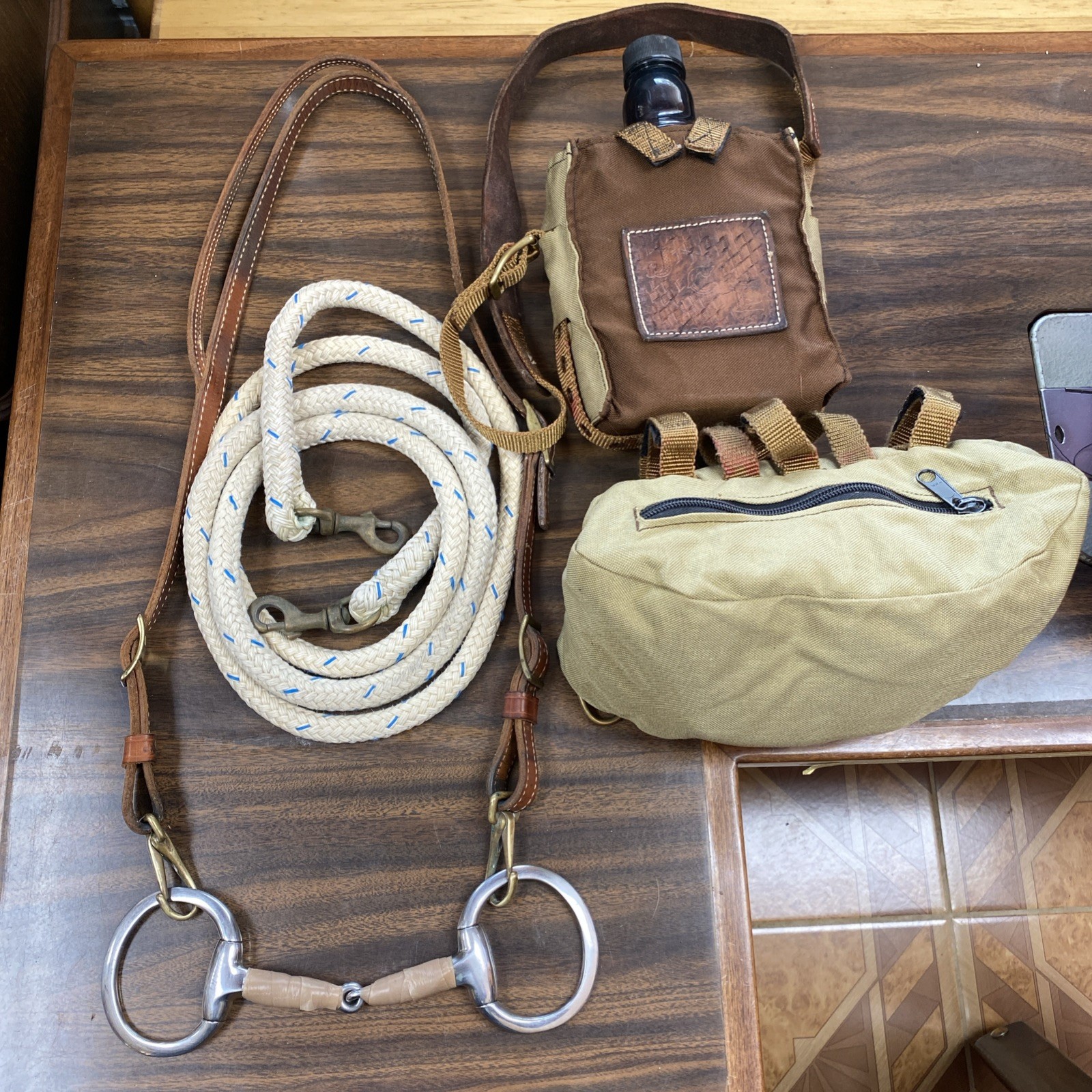 HEADSTALL, REINS, SNAFFLE, POMMEL BAG, CANTEEN
