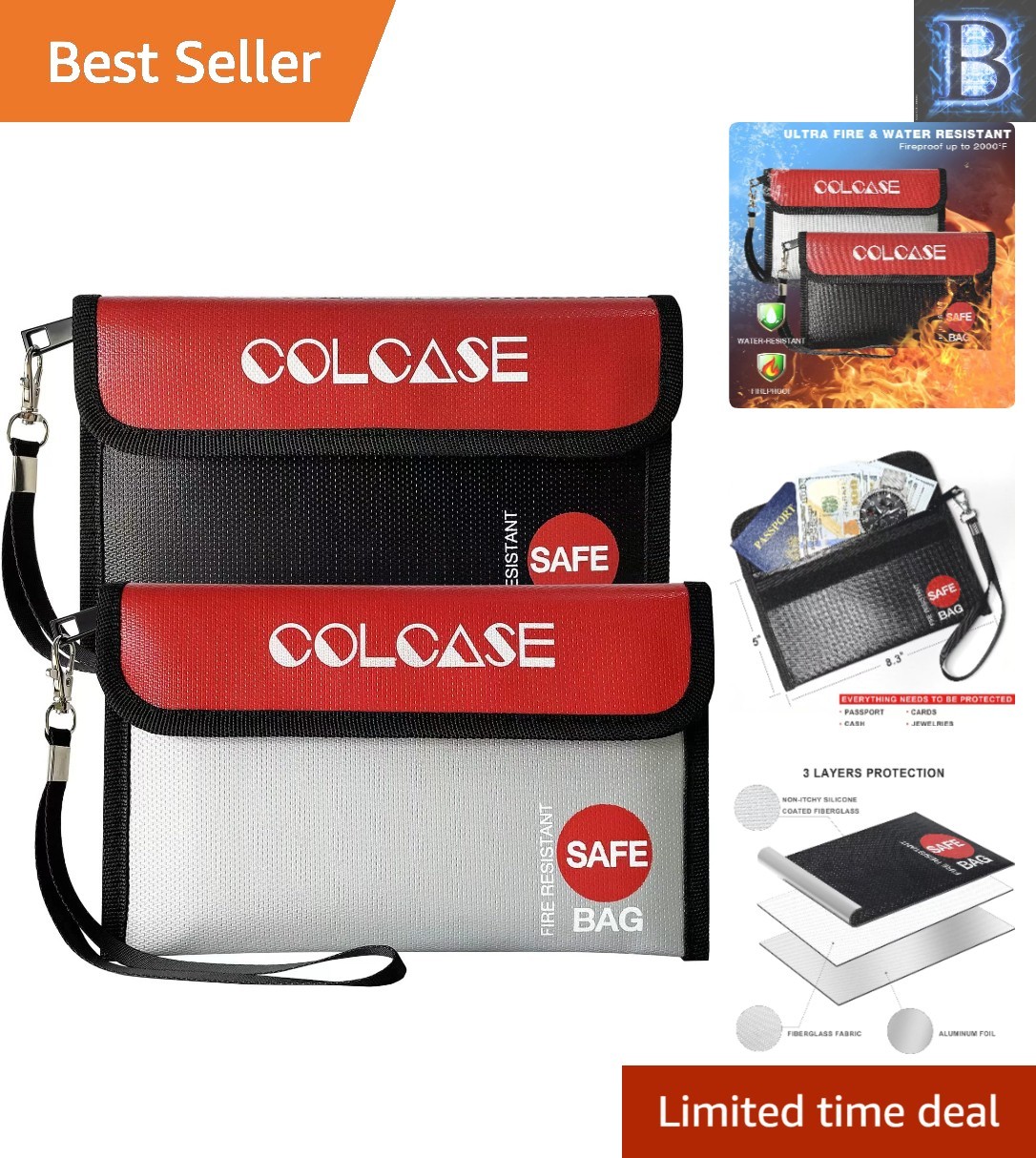 High Temp Fireproof & Waterproof Cash Bags, 2-Pack, 8.3x5 In for Jewelry & Cash
