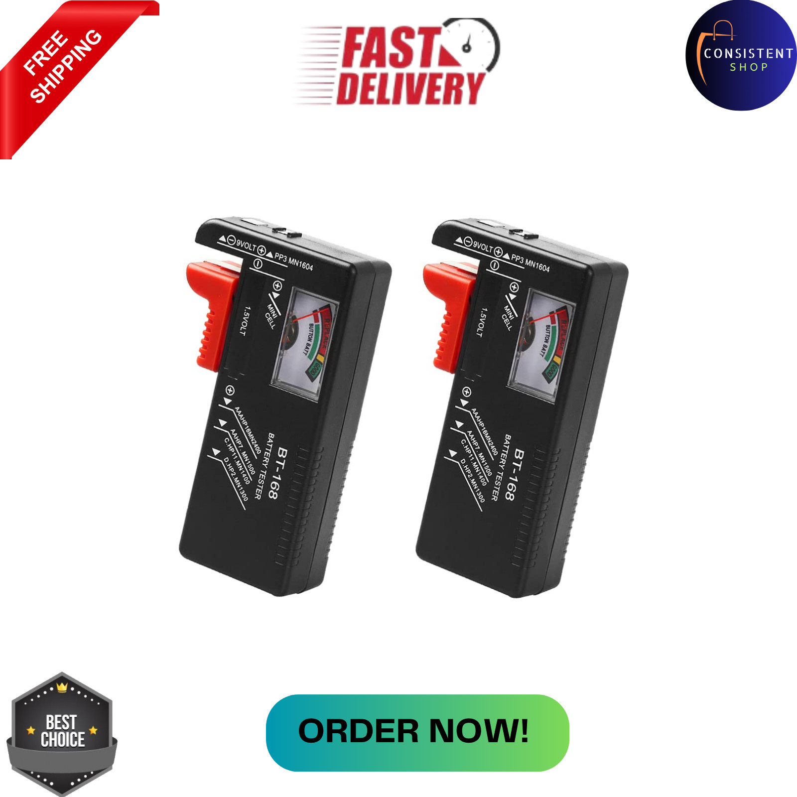 2 Pack Battery Tester, Universal Battery Checker for AA / AAA / C / D / 9V