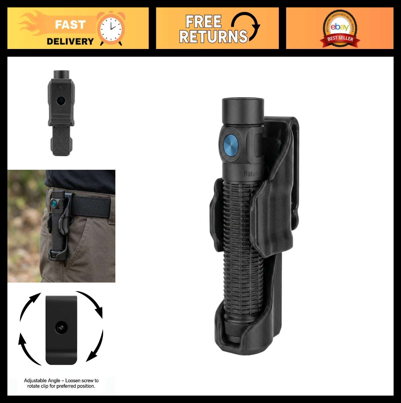 Belt Clip Flashlight Holder for Olight Baton Ultra & 4 Pro - Precision-Fit Mount