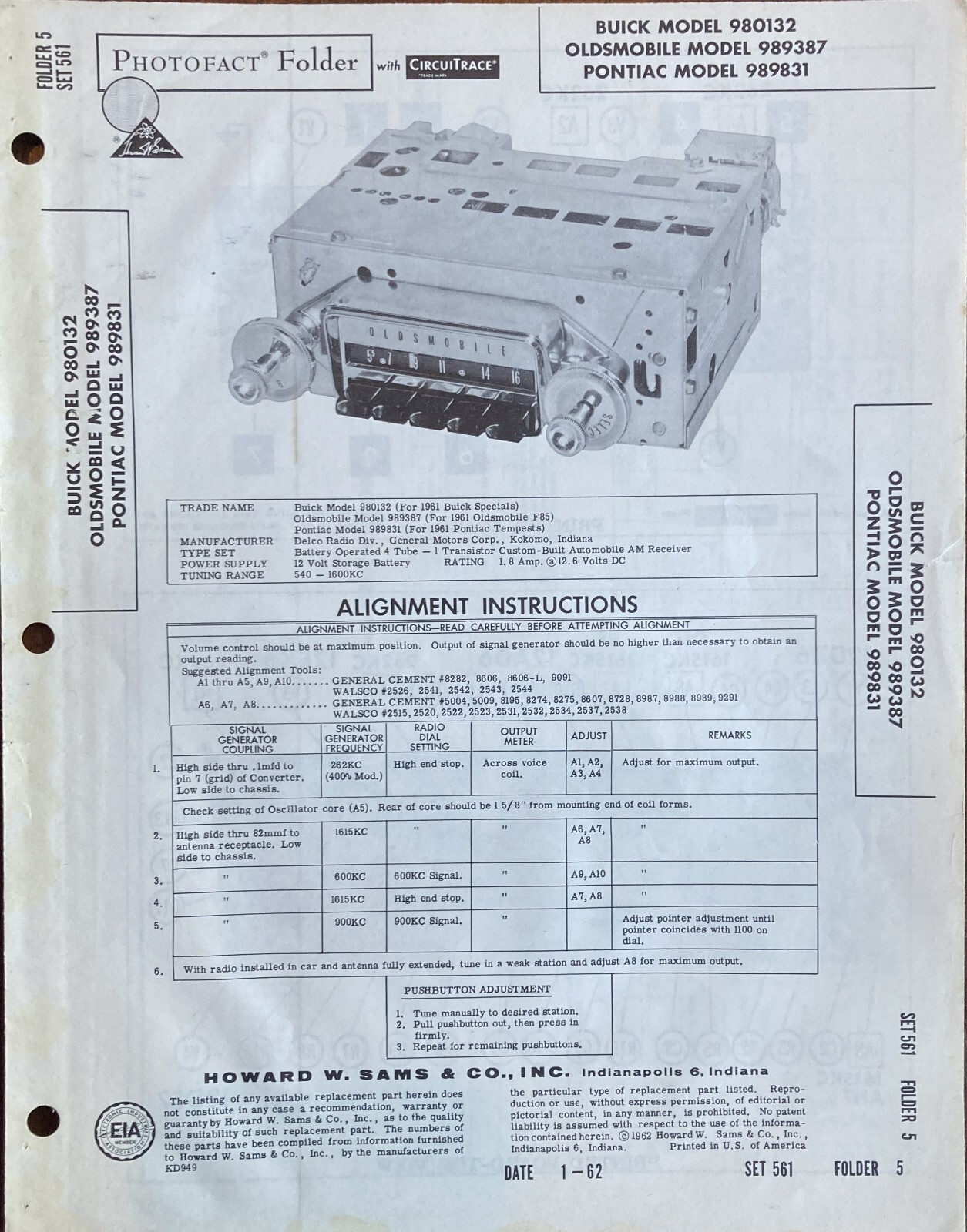 1961 Buick, Olds, Pontiac Car Radio model 980132 Service Manual